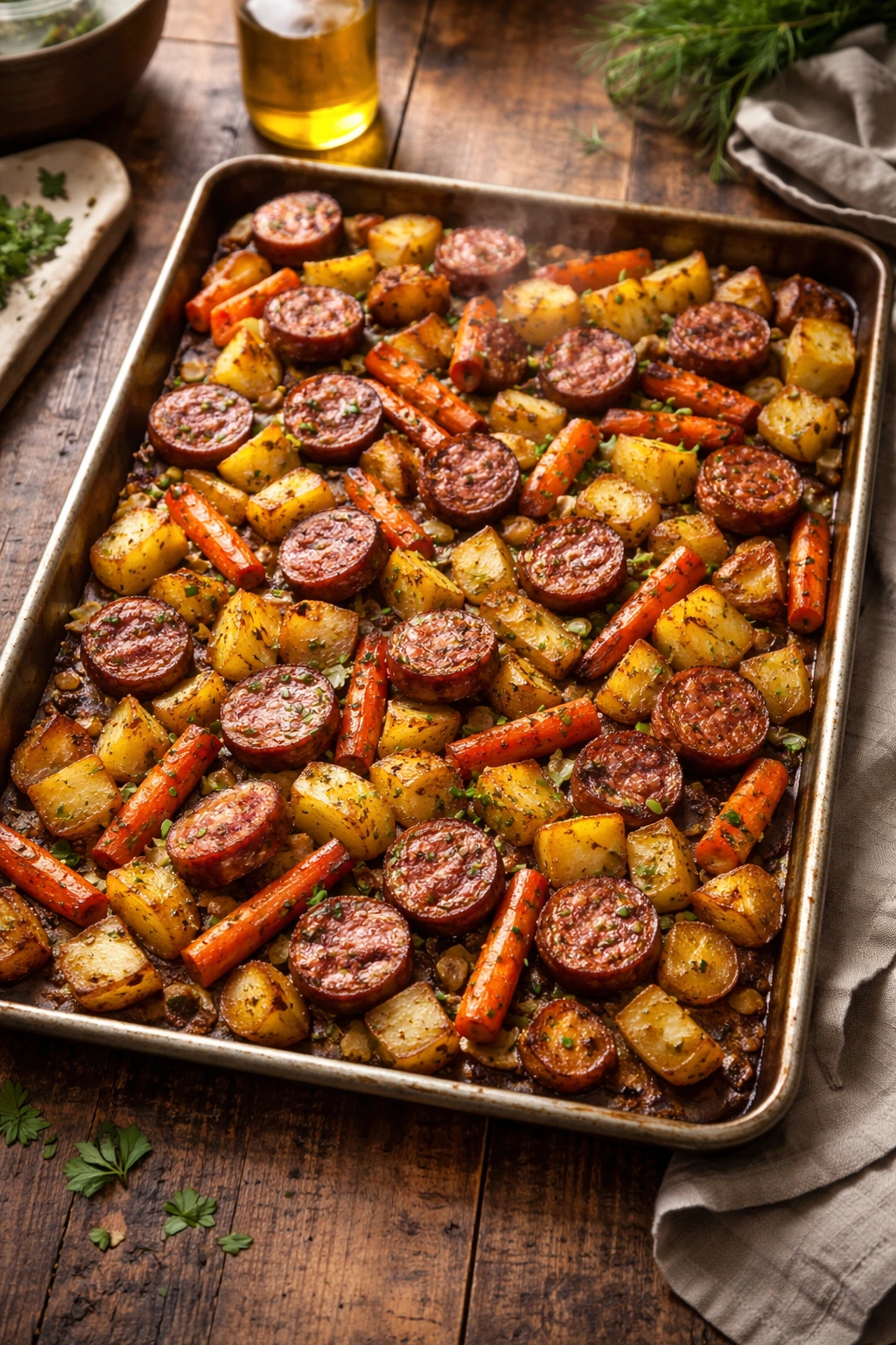 Sheet Pan Sausage and Roasted Vegetables on a baking sheet with browned edges