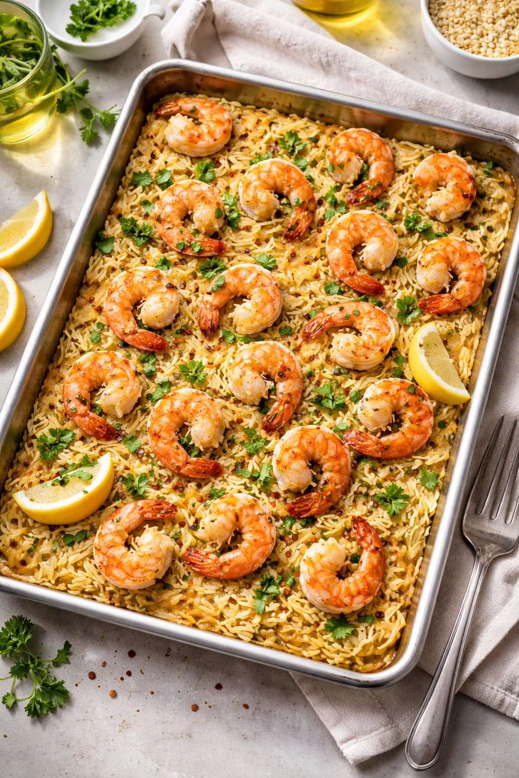 Shrimp and orzo on a sheet pan with garlic butter sauce