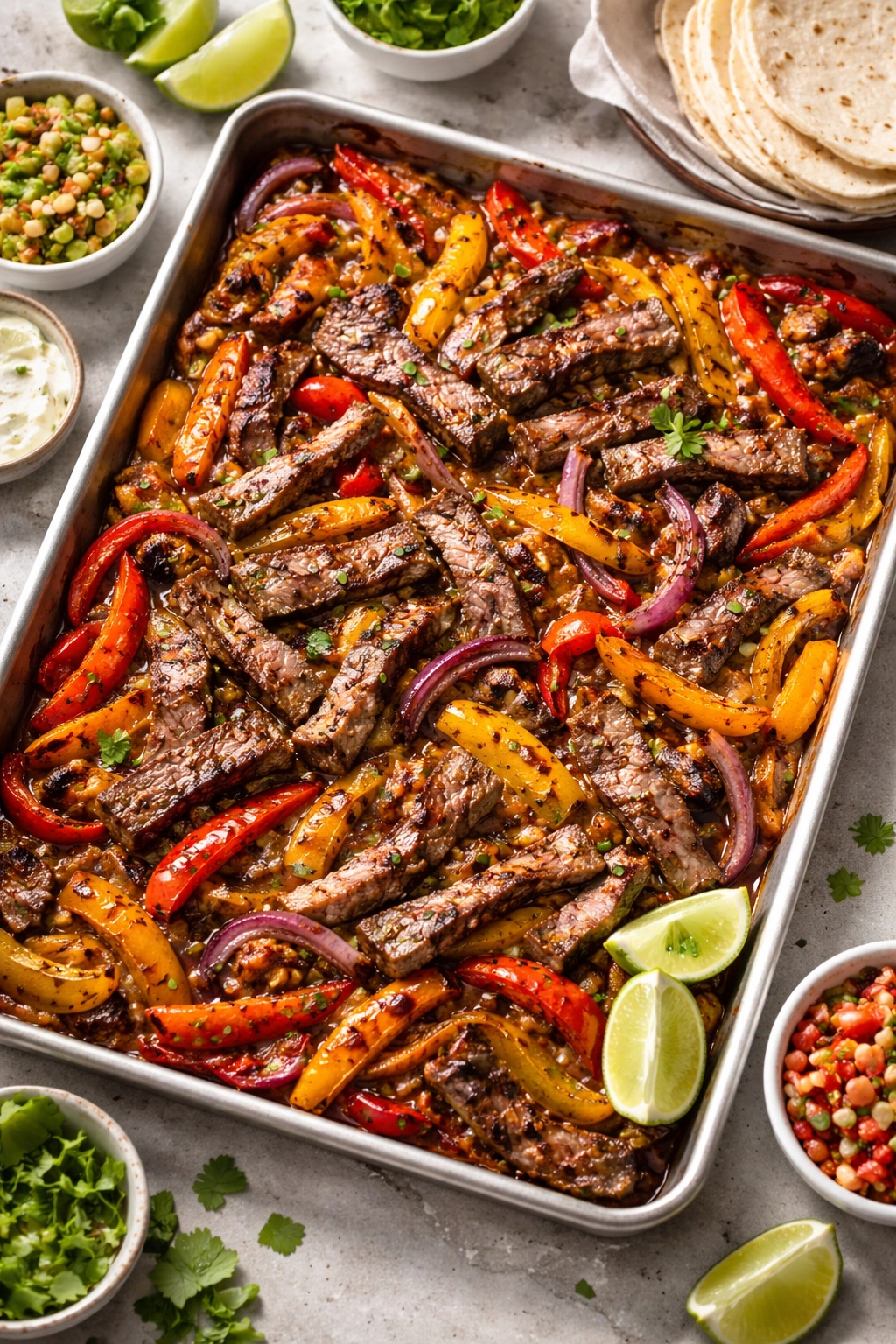Sheet pan steak fajitas with charred peppers on a sheet pan