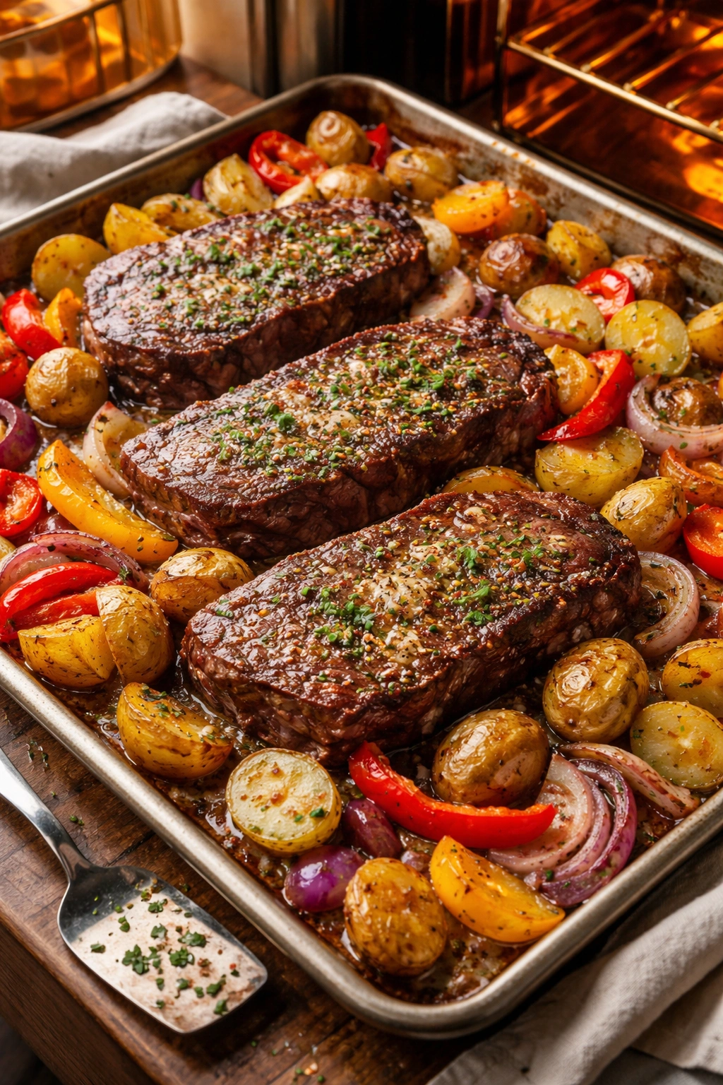 Sheet pan steak and vegetables with thick steaks, potatoes, peppers and onions roasting on a rimmed pan