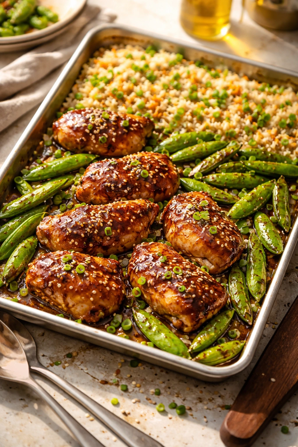 Sheet pan with teriyaki chicken, snap peas, and ginger rice roasting