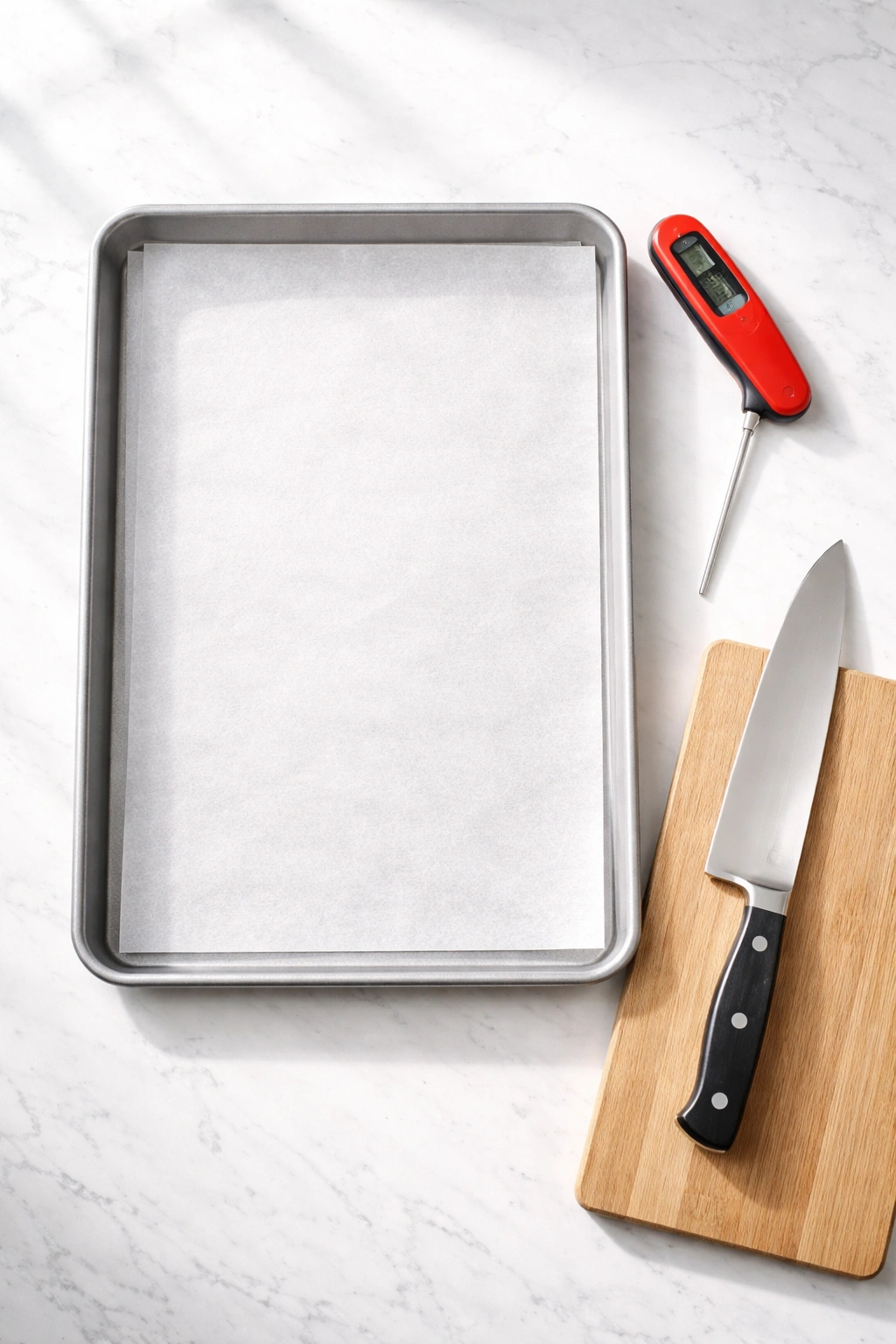 Sheet pan, parchment, thermometer, and knife arranged on a kitchen counter