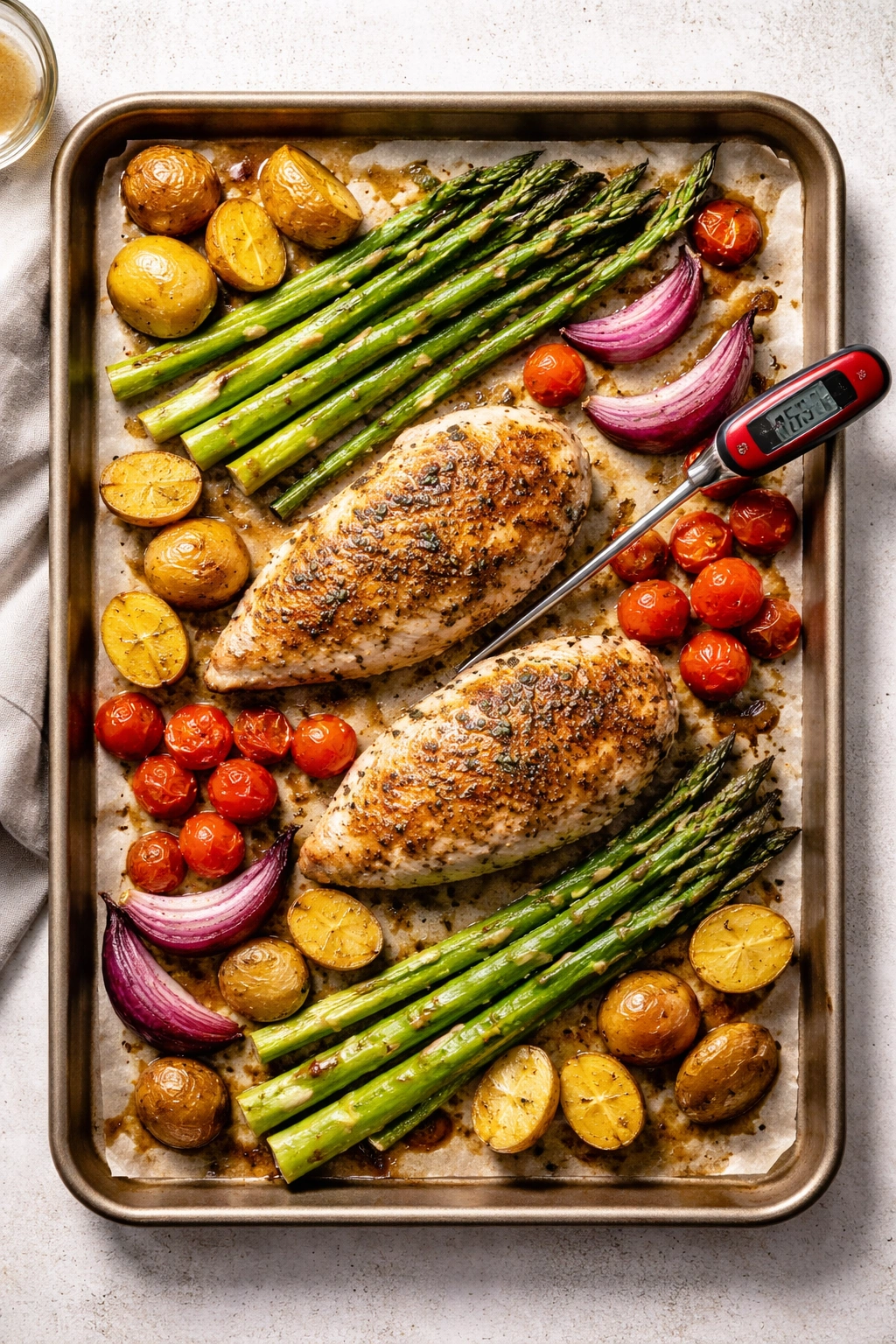 Sheet pan with ingredients showing different browning levels to imply timing strategy, overhead view