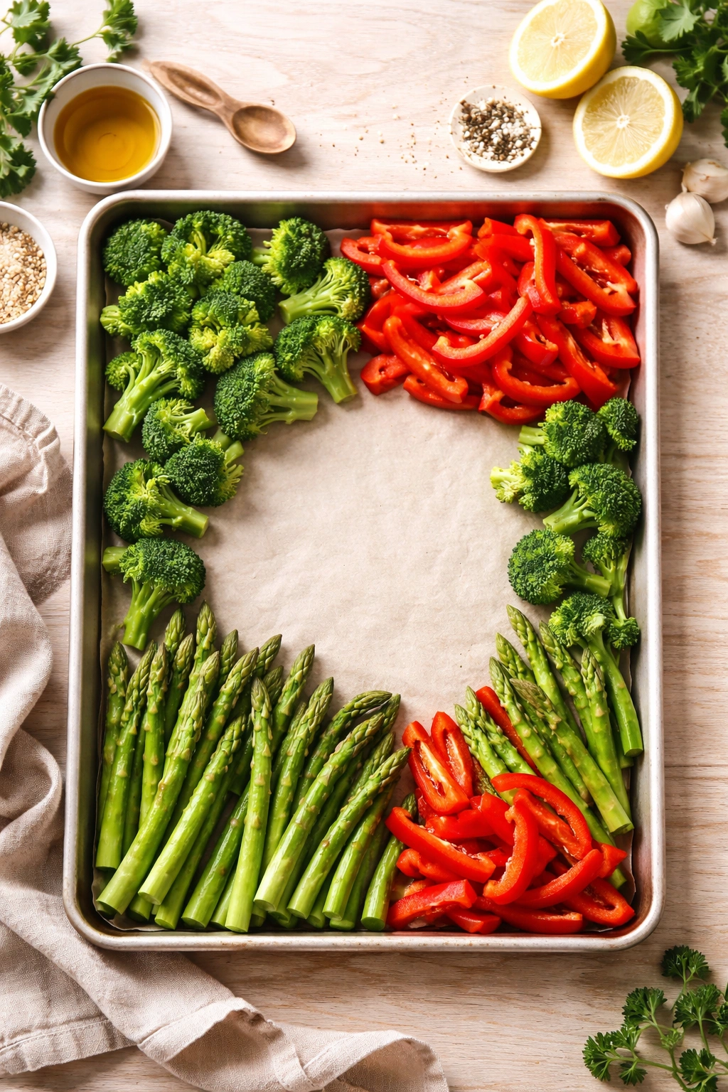 Sheet pan with vegetables spread in a single layer and empty space for salmon.