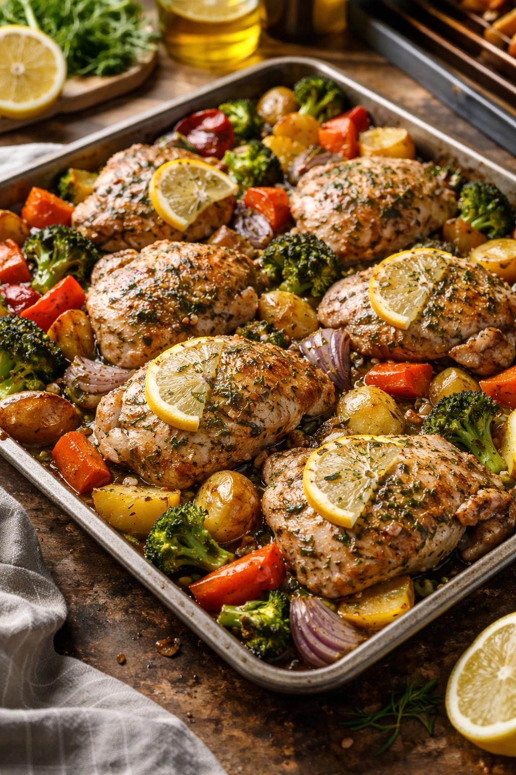 Sheet pan chicken with lemon-herb roasted vegetables on a pan, close-up