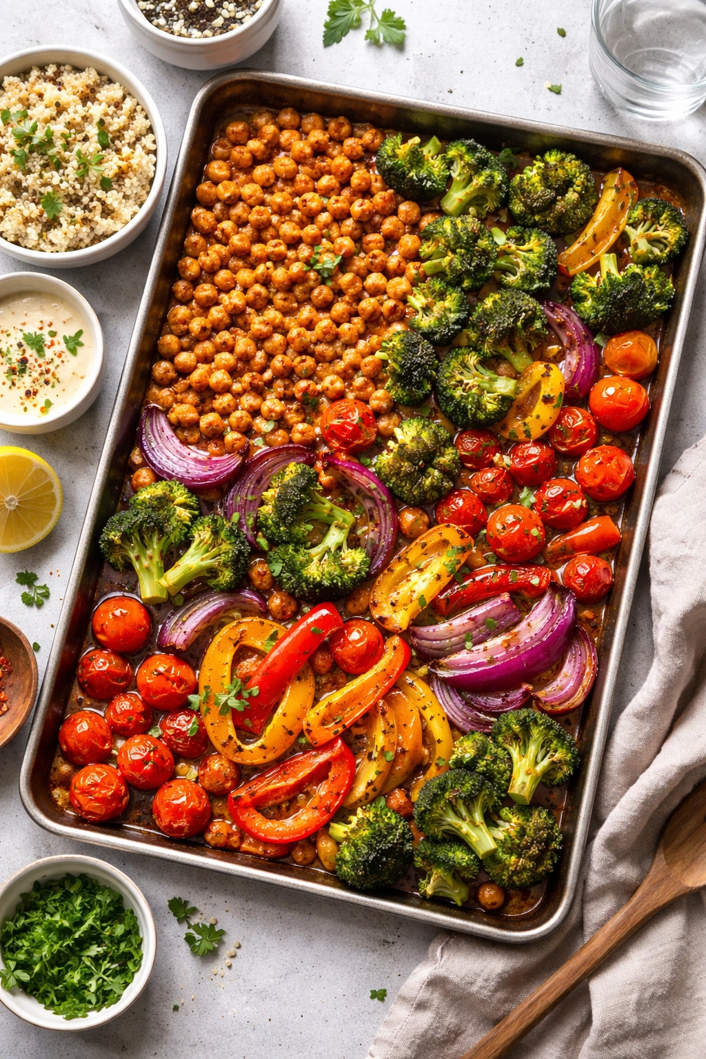 Sheet pan with crispy roasted chickpeas and colorful vegetables
