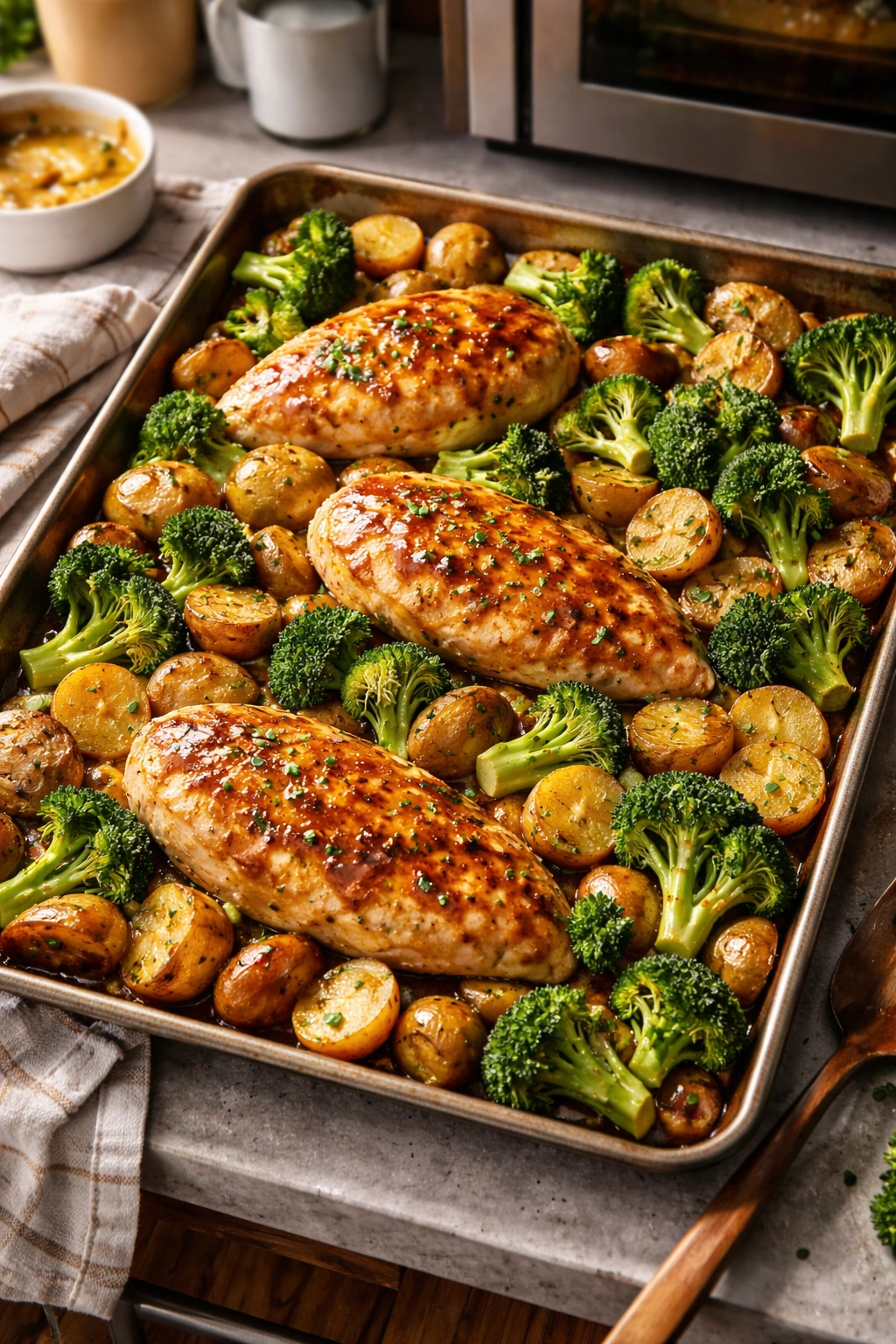 Roasted sheet pan dinner: honey mustard chicken with potatoes and broccoli.