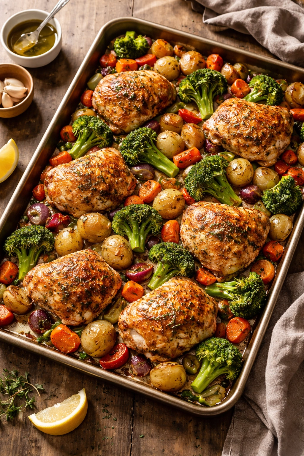Sheet pan dinner with roasted chicken and vegetables
