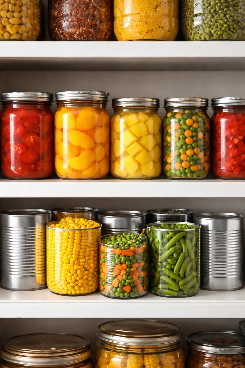 Shelf with unlabelled cans and jars containing vegetables and fruit