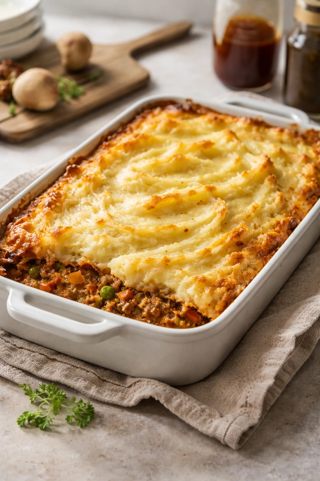 Shepherd's pie topped with golden mashed potatoes