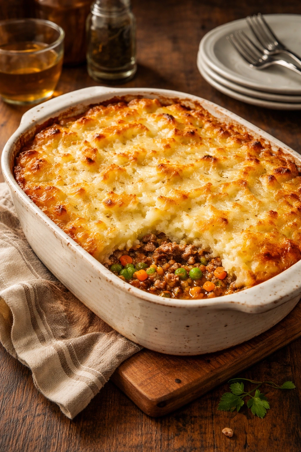 Rustic baked shepherd's pie in a ceramic dish with golden mashed potato topping.
