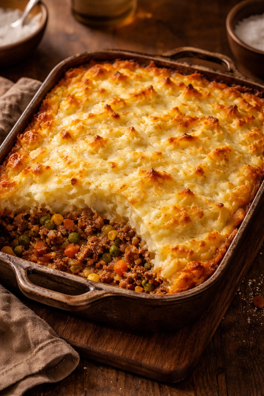 Shepherd's pie with mashed potato topping in a baking dish