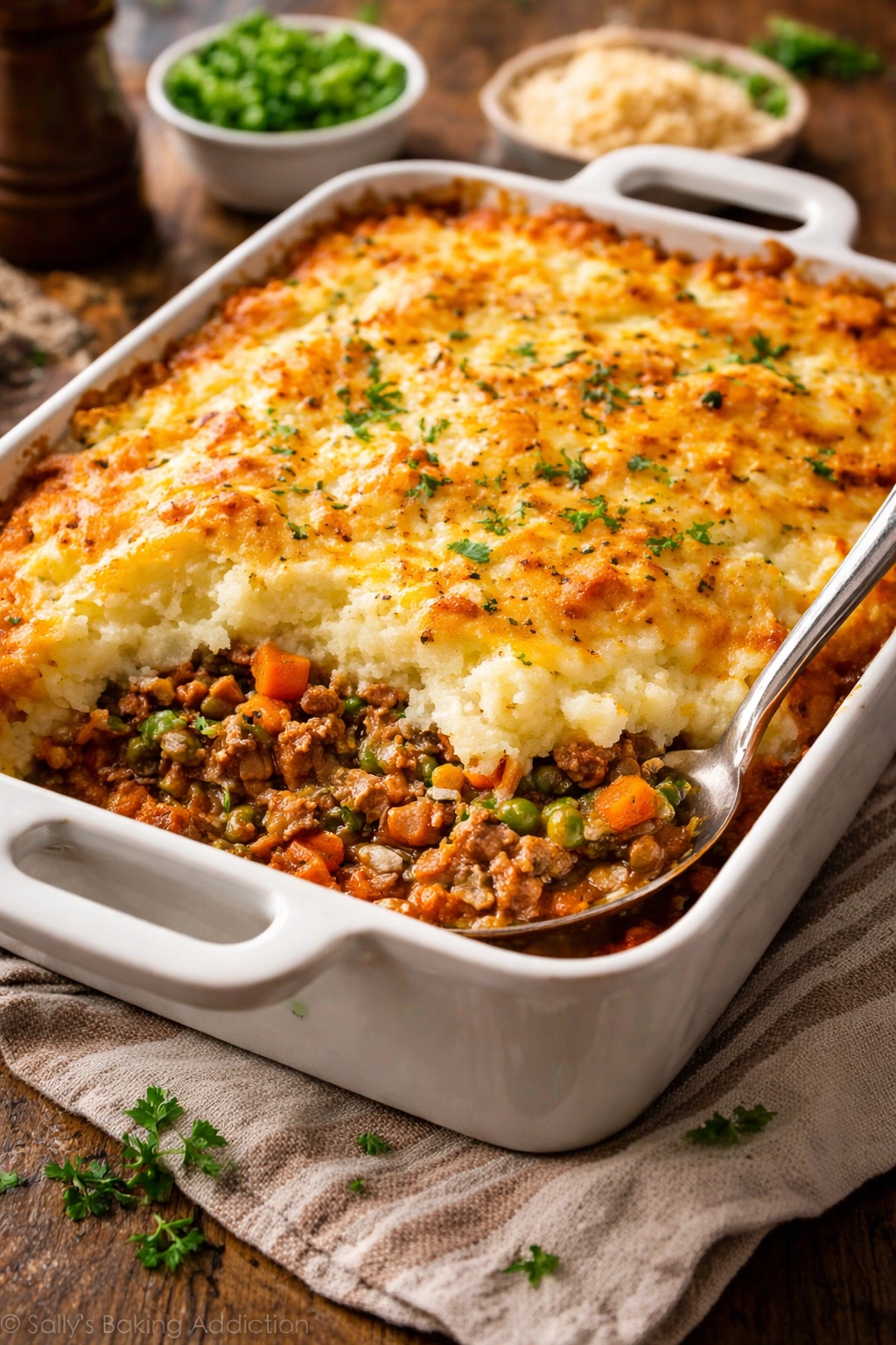 Shepherd's pie with mashed potato topping in a baking dish