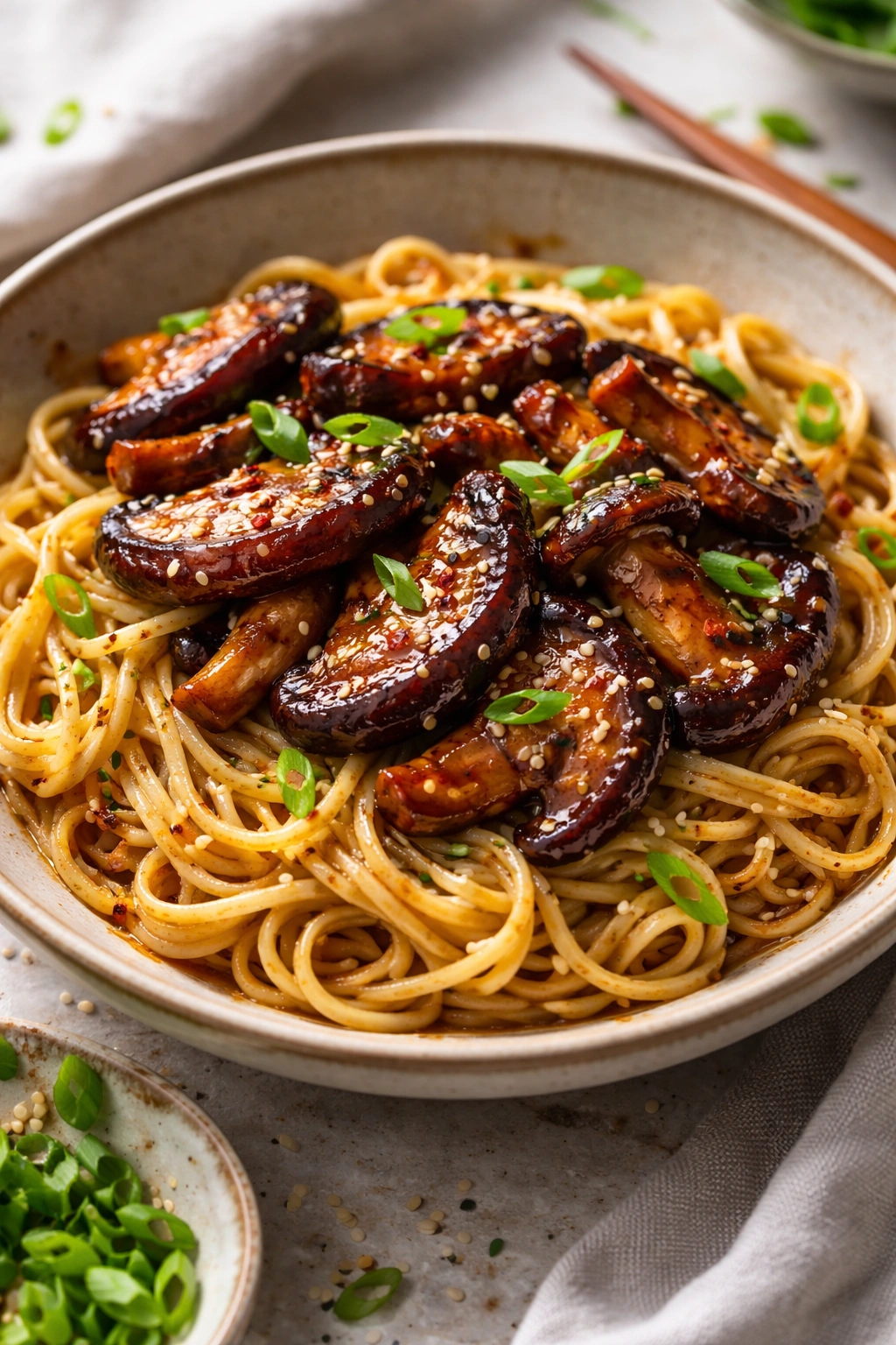 Miso-glazed shiitake mushrooms with sesame noodles