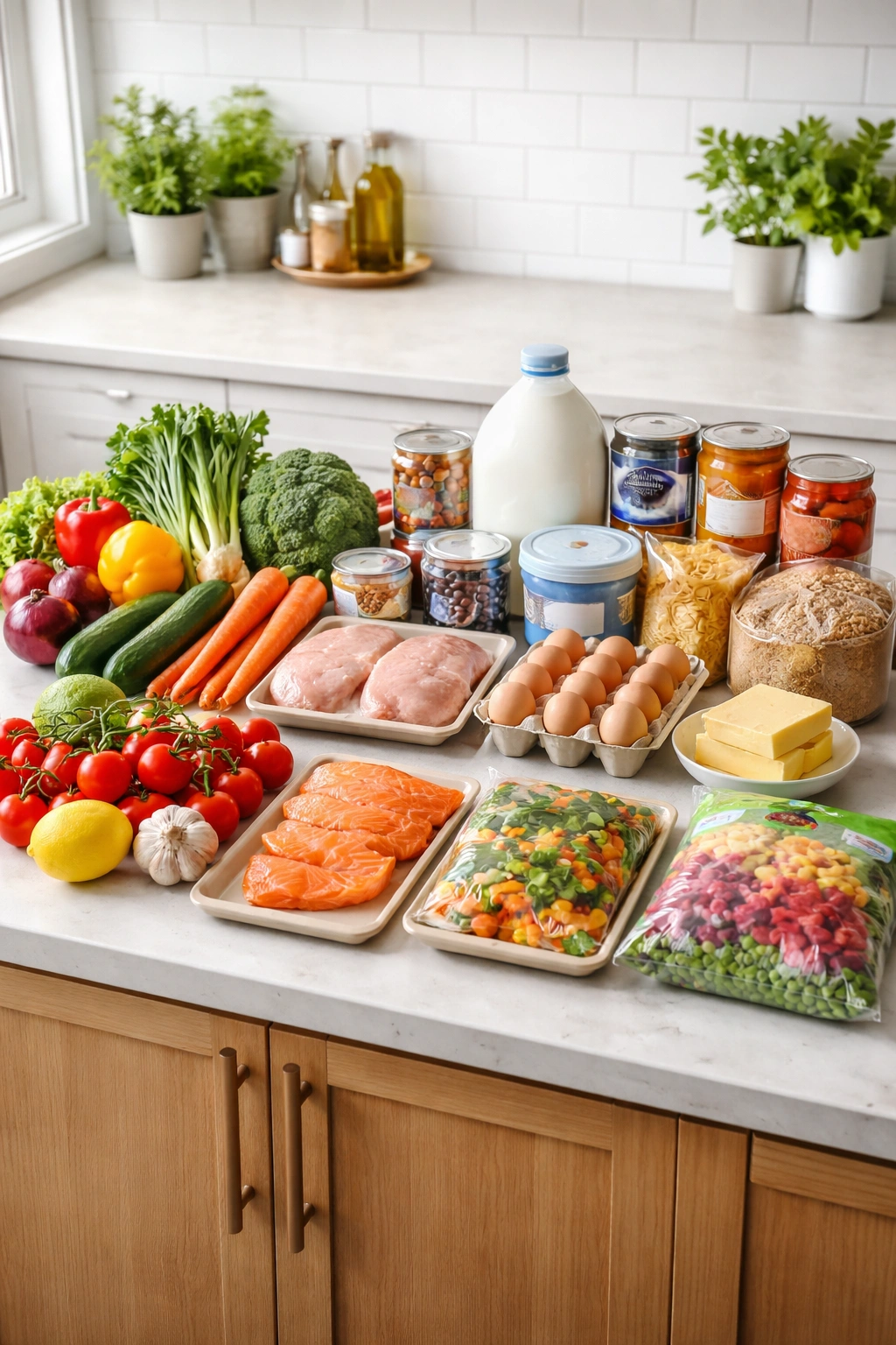 Organized shopping setup with categorized food groups to prevent waste