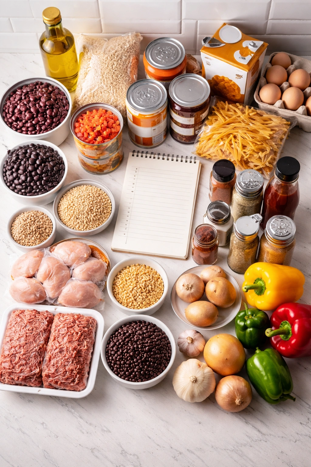Top-down view of pantry staples arranged on a counter to imply a weekly shopping plan