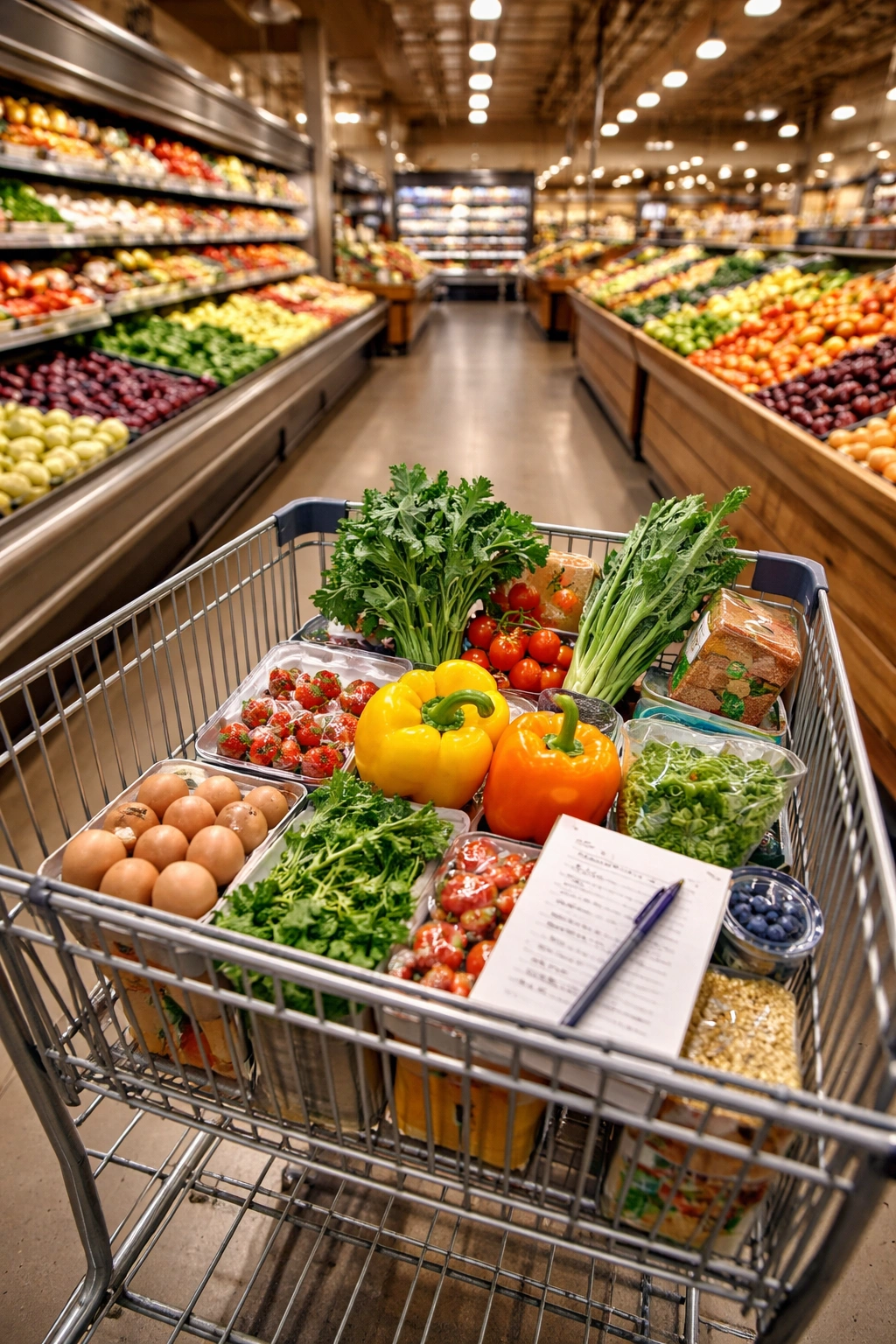 Shoppers cart beside fresh produce in a store perimeter for smart shopping strategies