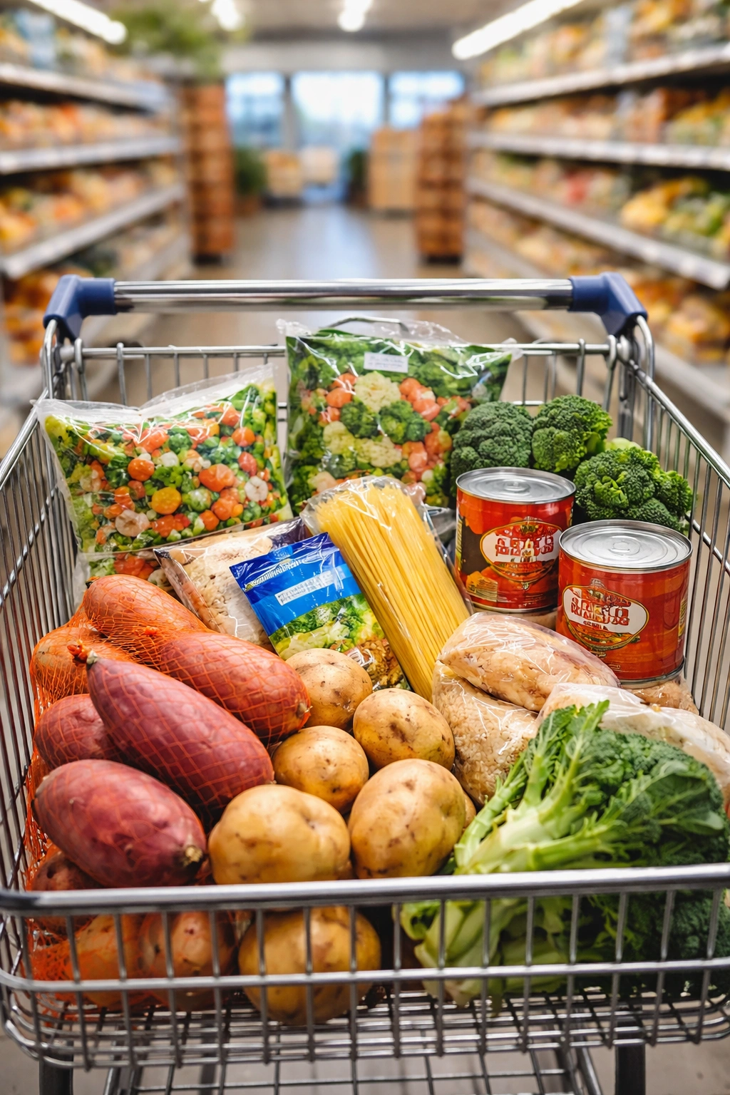 Shopping cart filled with kumara, pasta, canned tomatoes and other staples
