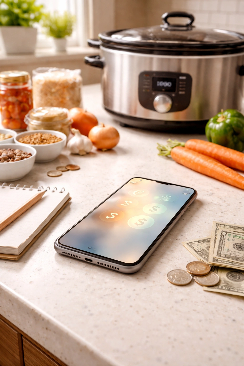 Smartphone on kitchen counter with soft glow suggesting budgeting apps