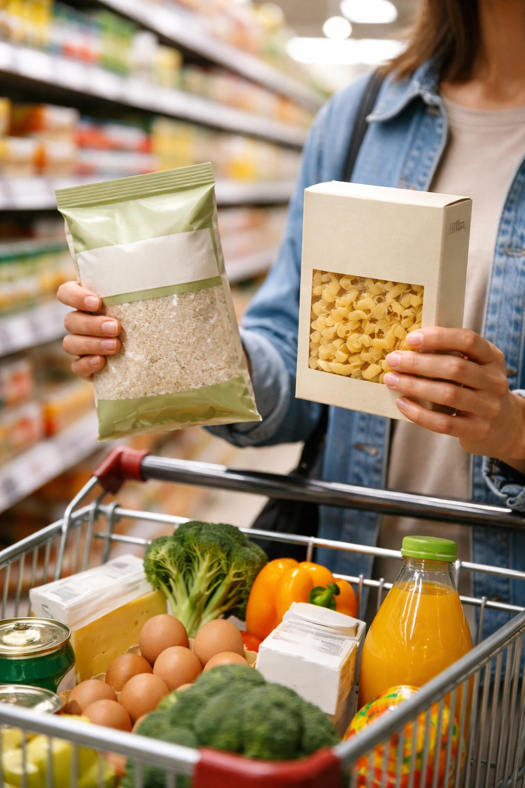 Hands comparing grocery items in a store to illustrate strategic shopping