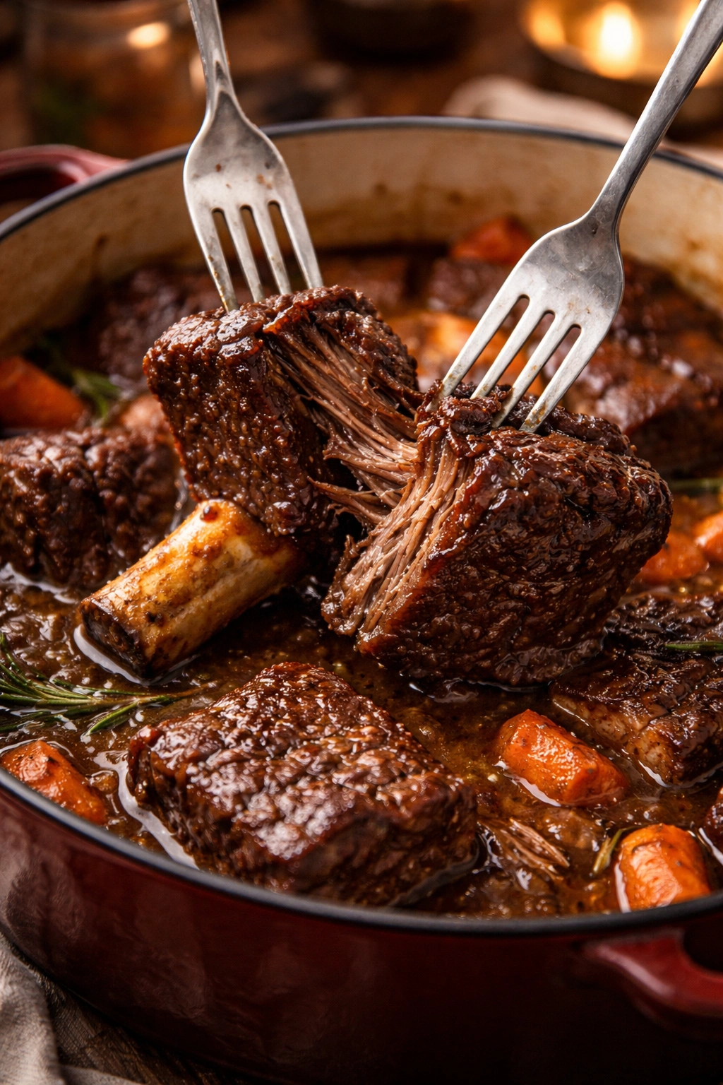 Short ribs being tested for doneness with forks, meat easily shredding from bone