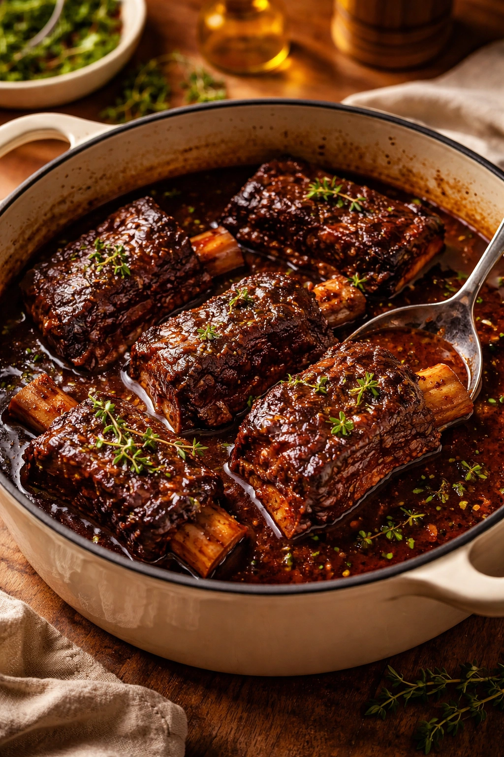Braised short ribs in rich sauce in a Dutch oven
