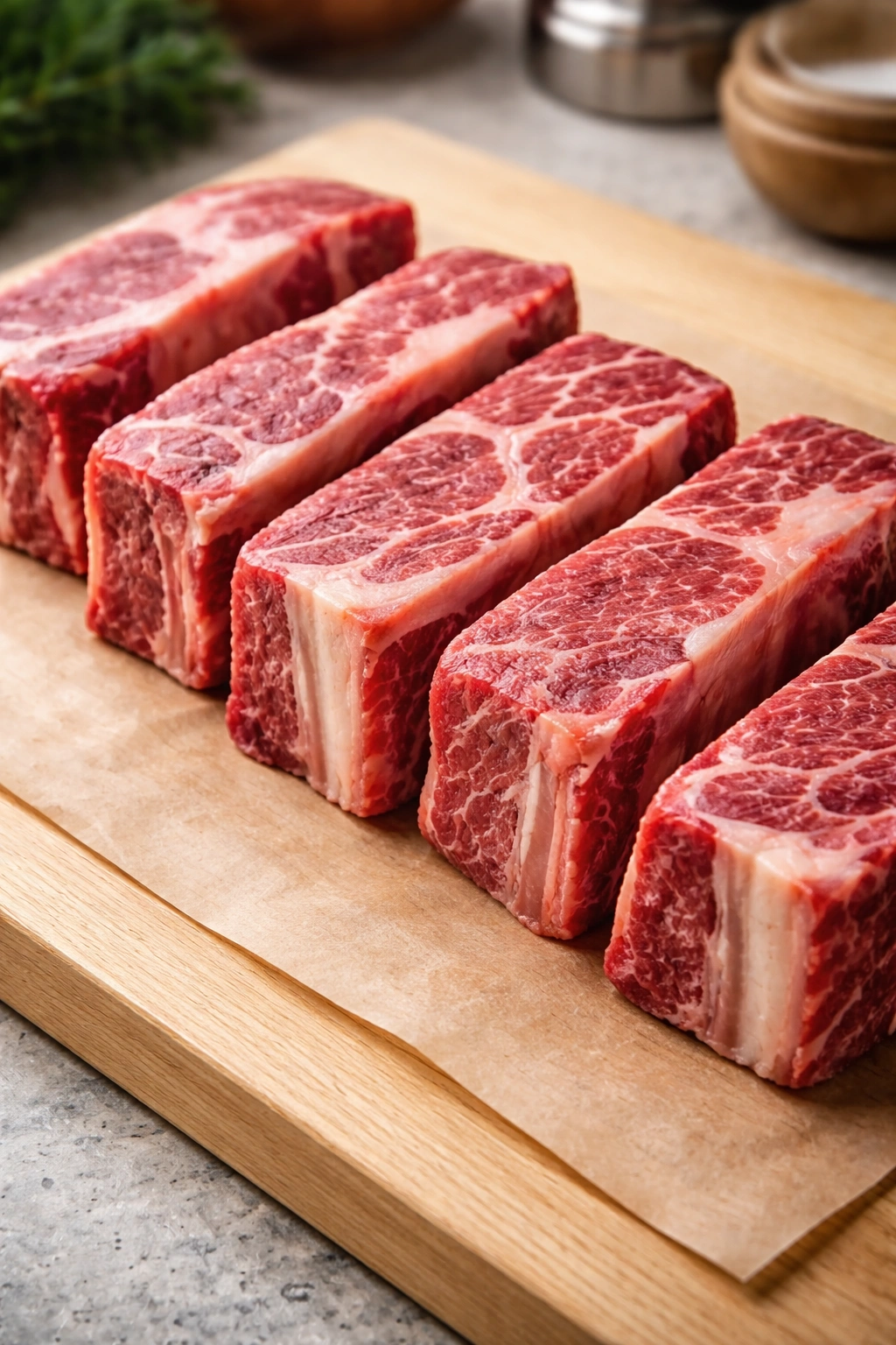 Thick, bone-in short ribs with visible marbling on a pale wood surface