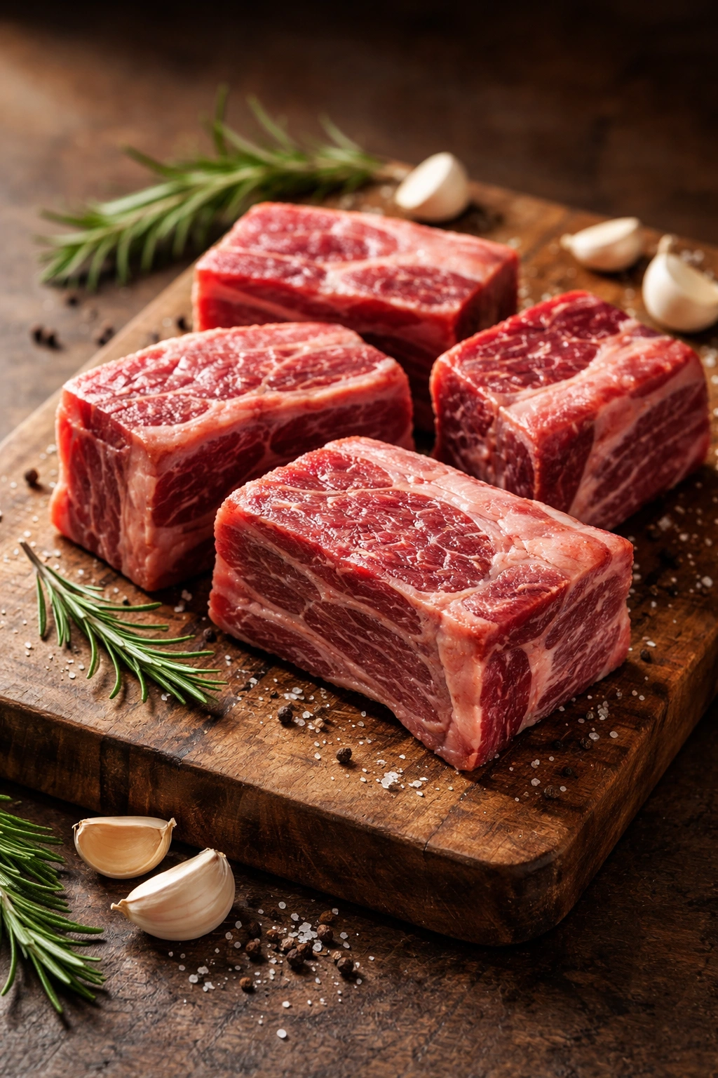 Bone-in short ribs with rich marbling on a rustic cutting board, warm lighting