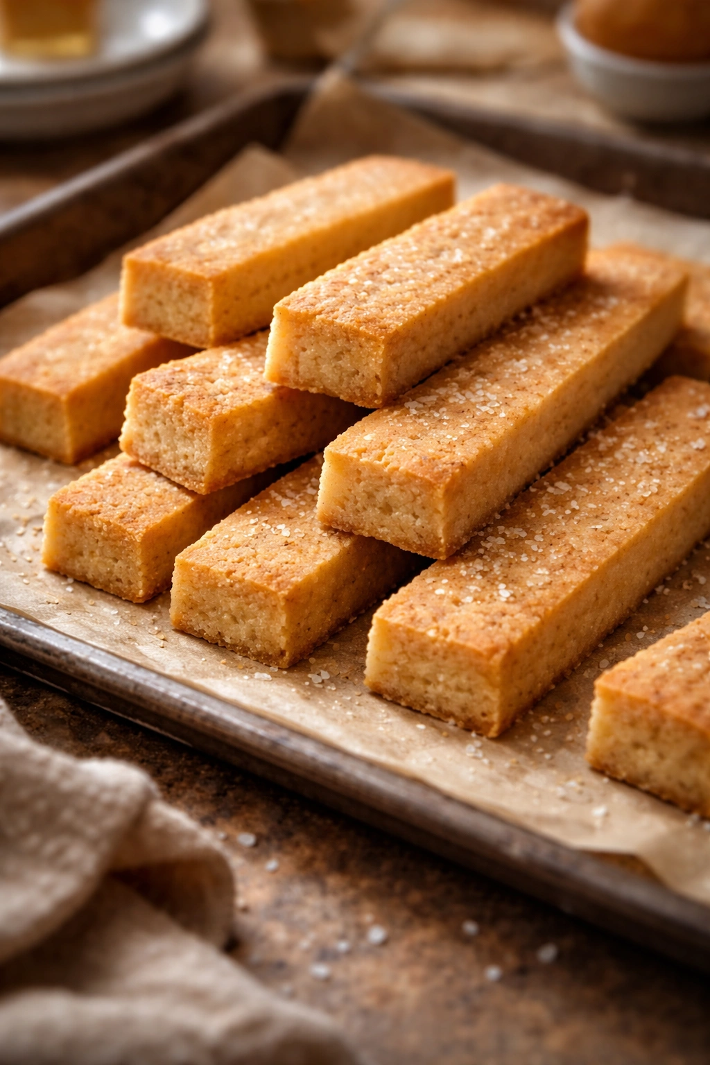 Golden brown brown butter miso shortbread fingers on parchment