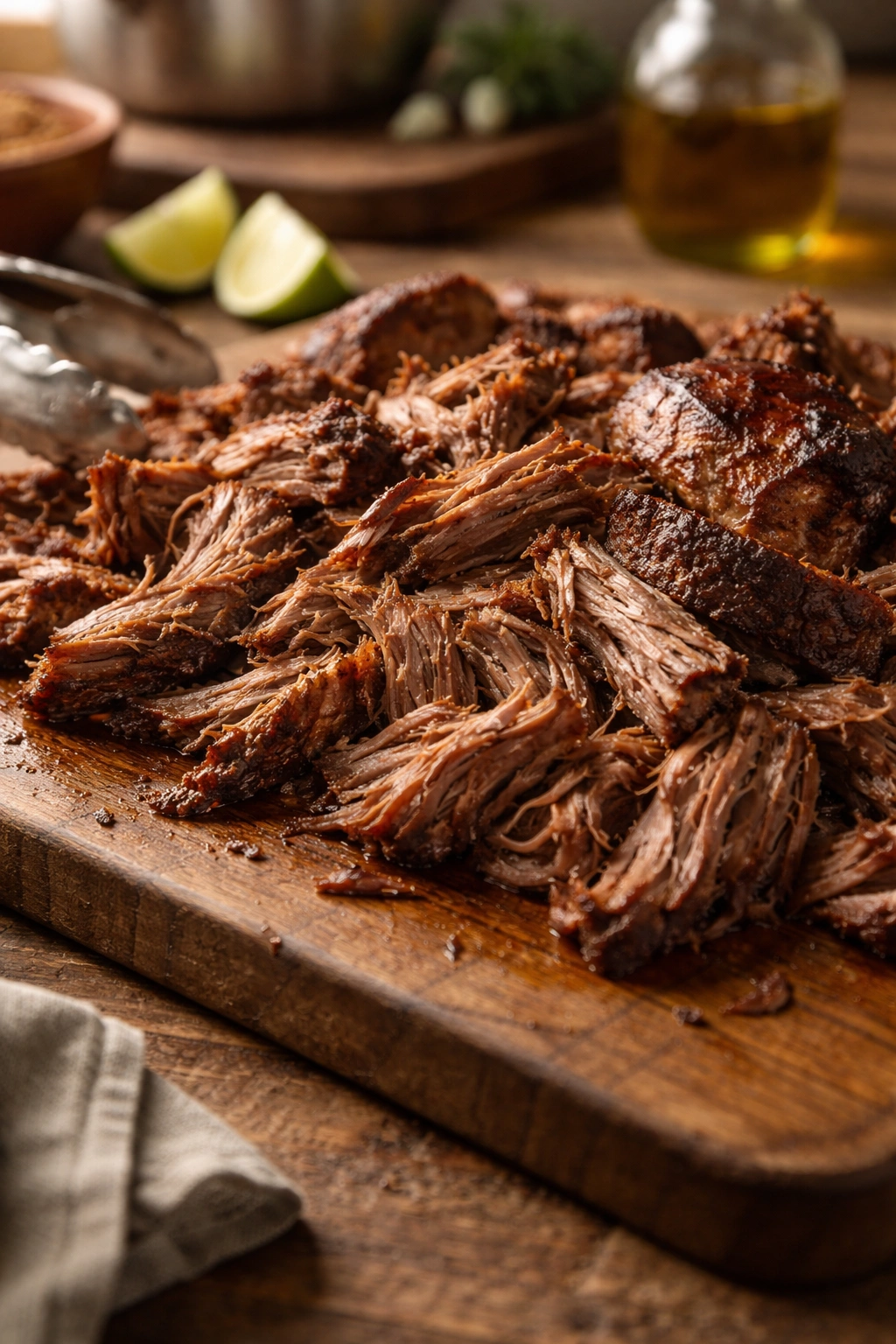 Close-up of shredded beef with seared crust on a wooden board