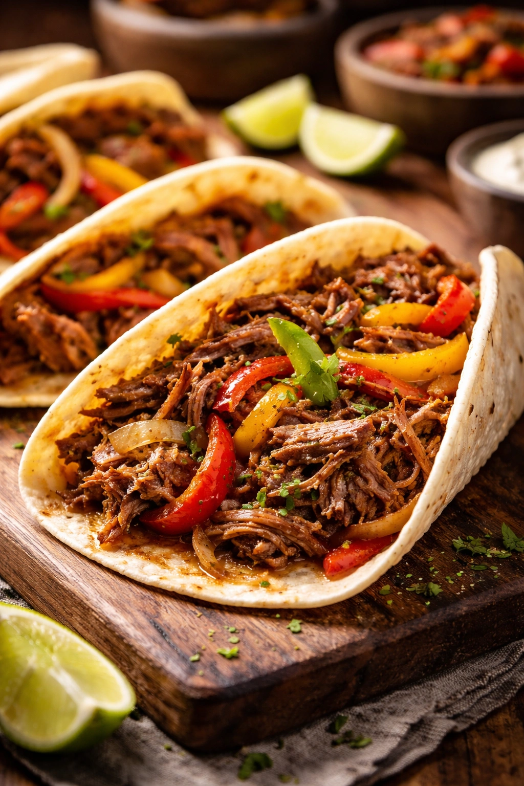Shredded beef fajitas filling in a warm tortilla with peppers and onions