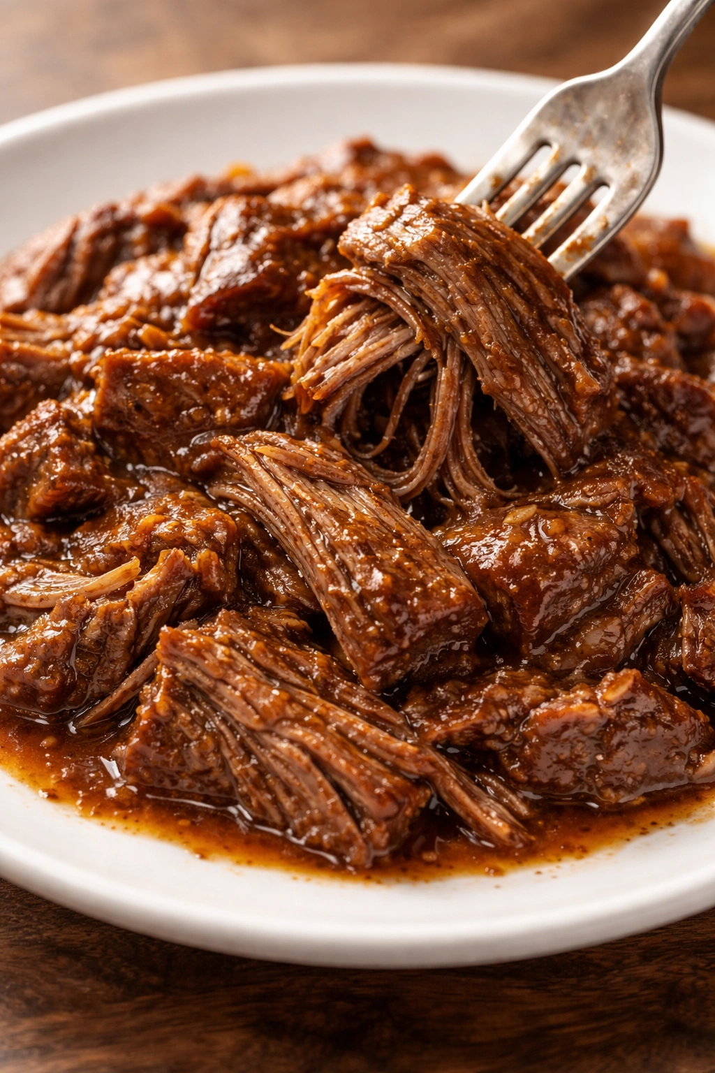 Shredded beef in a rich sauce on a plate