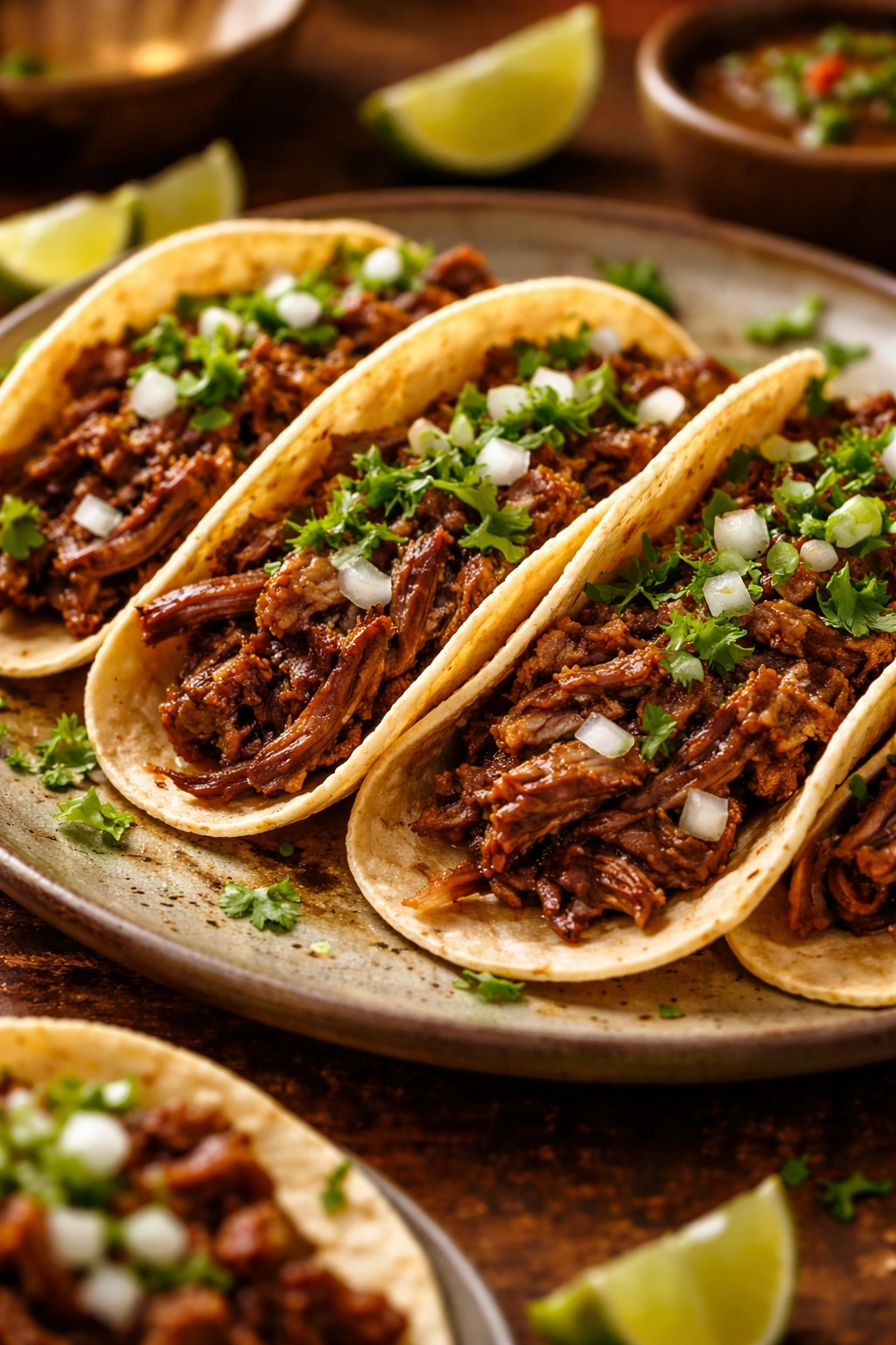 Close-up of shredded beef tacos on plate with fresh toppings