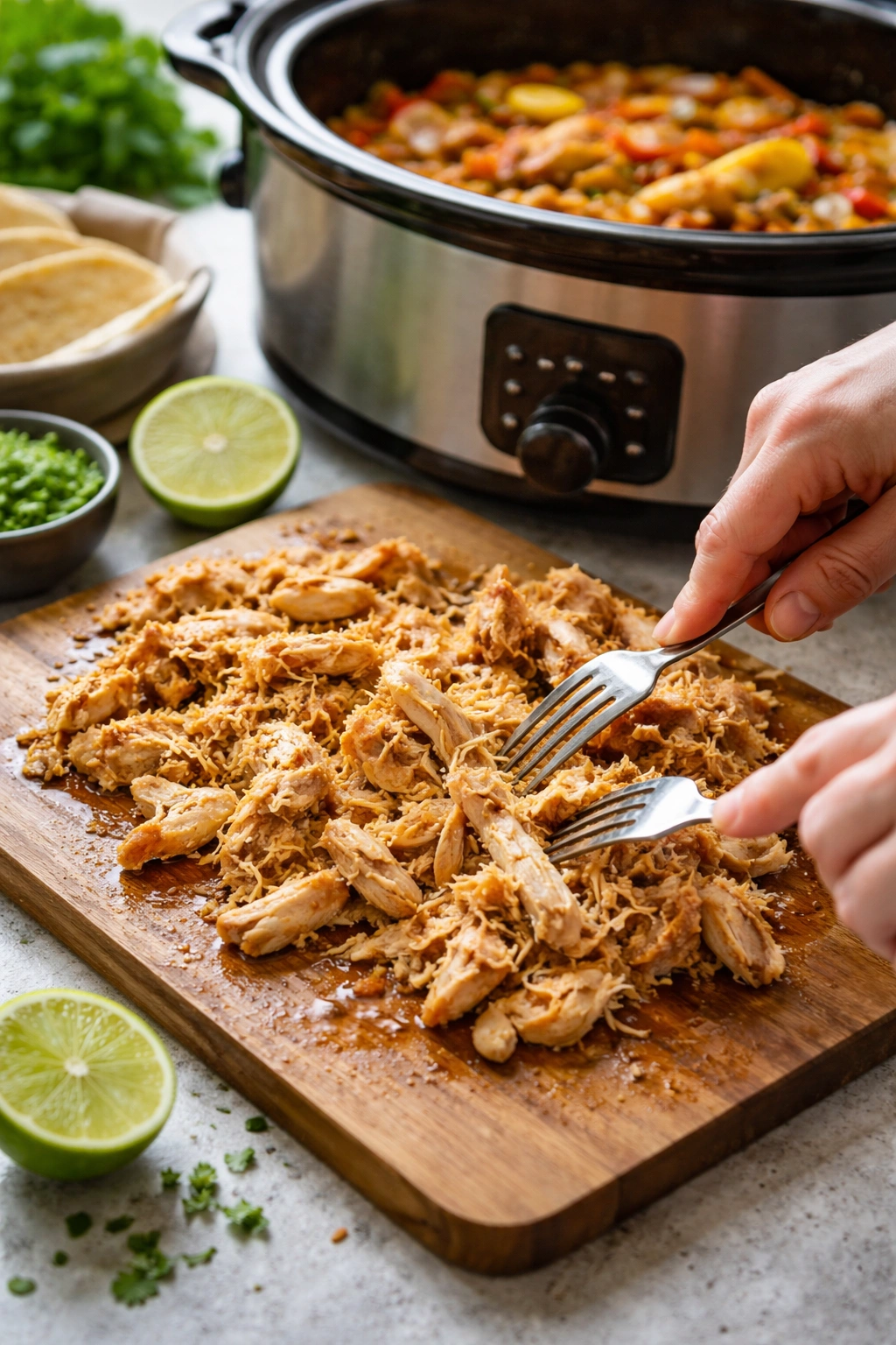 Hands shredding chicken with two forks on cutting board