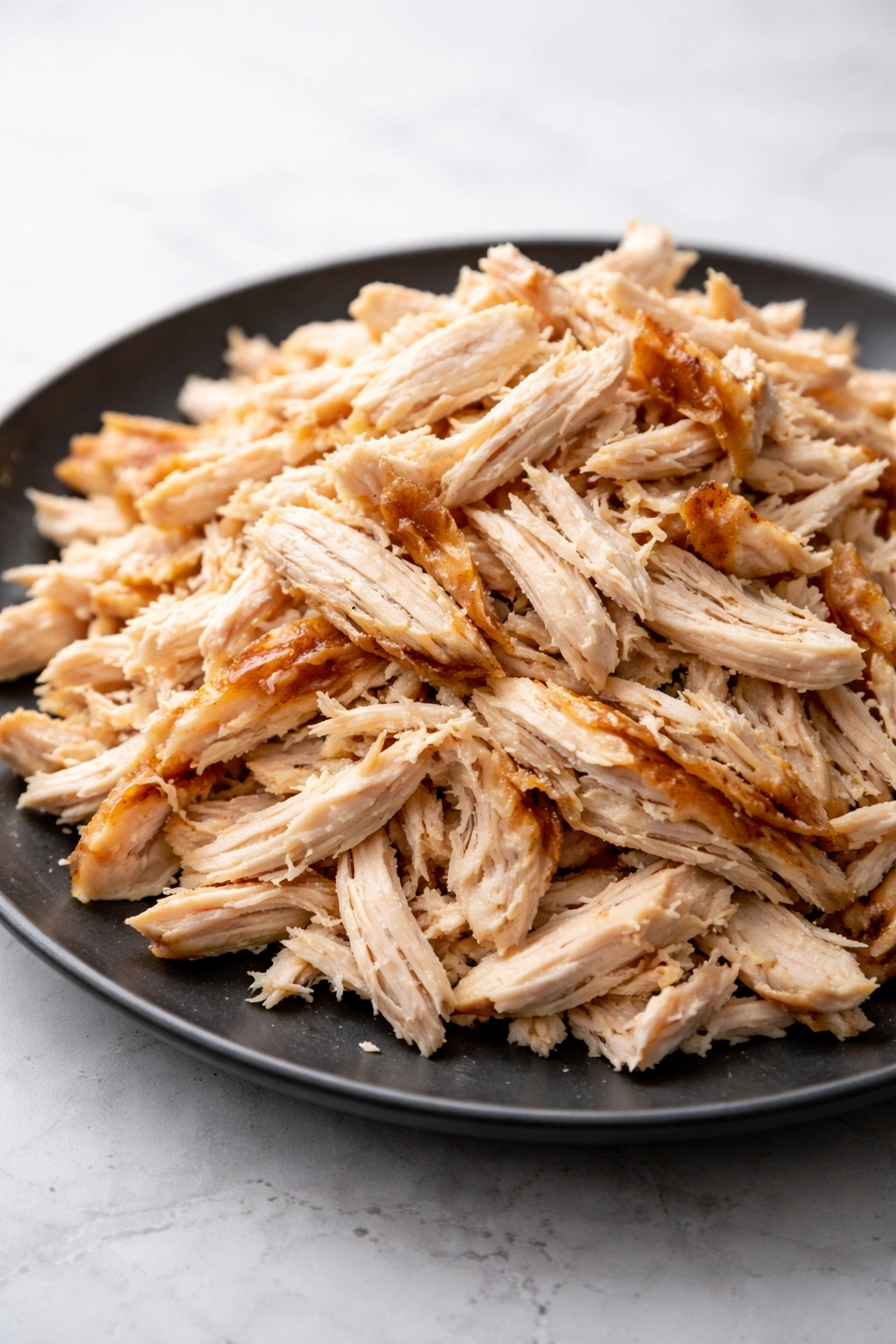 Shredded rotisserie chicken on a dark plate