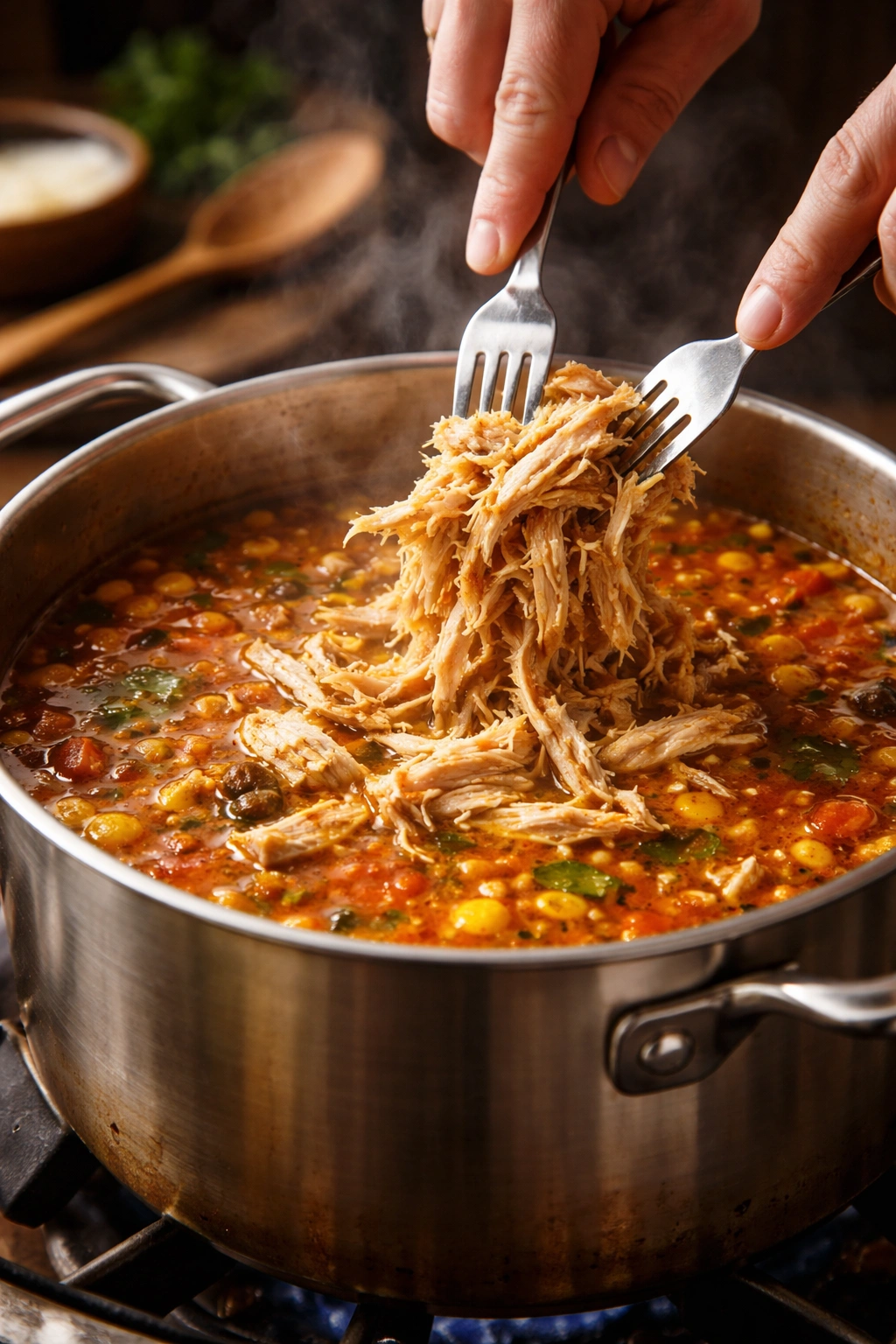 Shredded chicken added to simmering tortilla soup broth