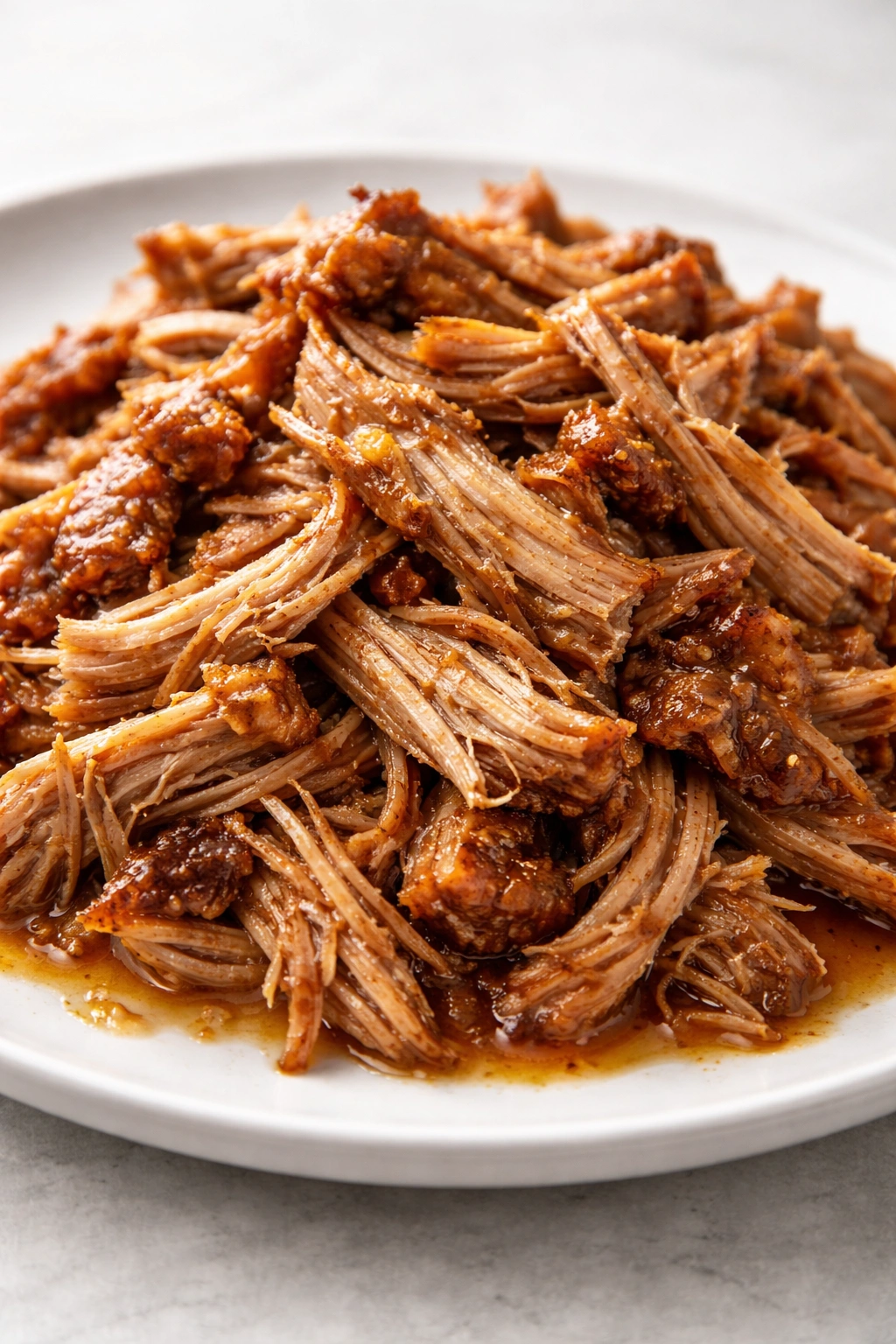 Close-up of tender shredded pork strands on a plate