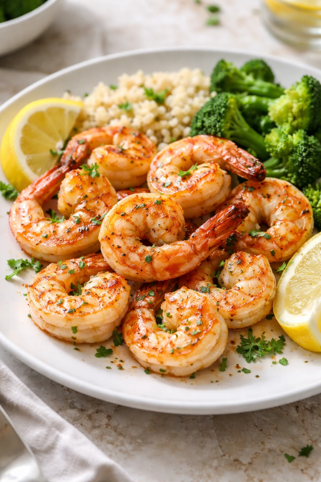 Close-up of tender air fryer shrimp dinner on a plate with light char and clean presentation