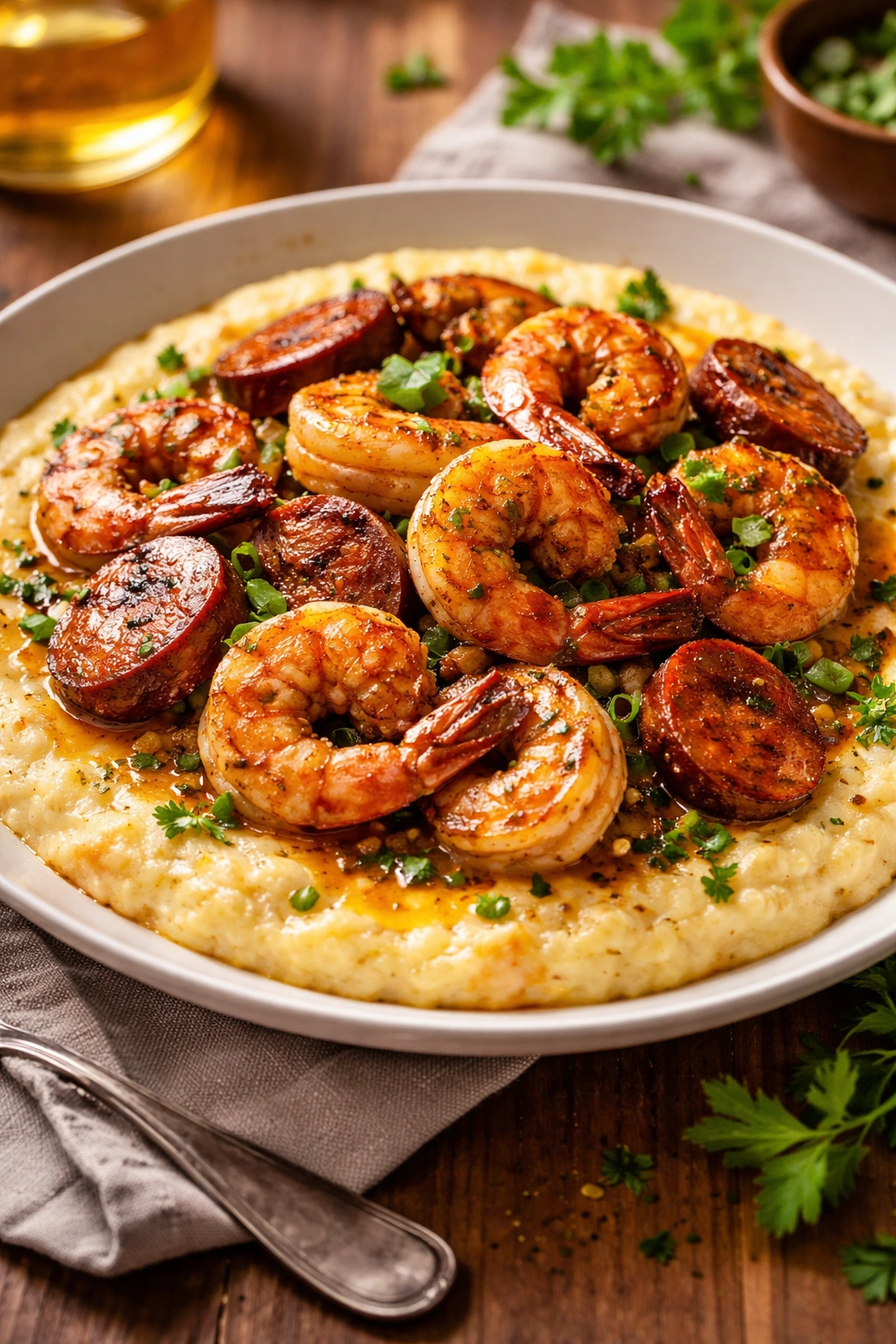 Creamy polenta with Cajun shrimp and andouille sausage on top