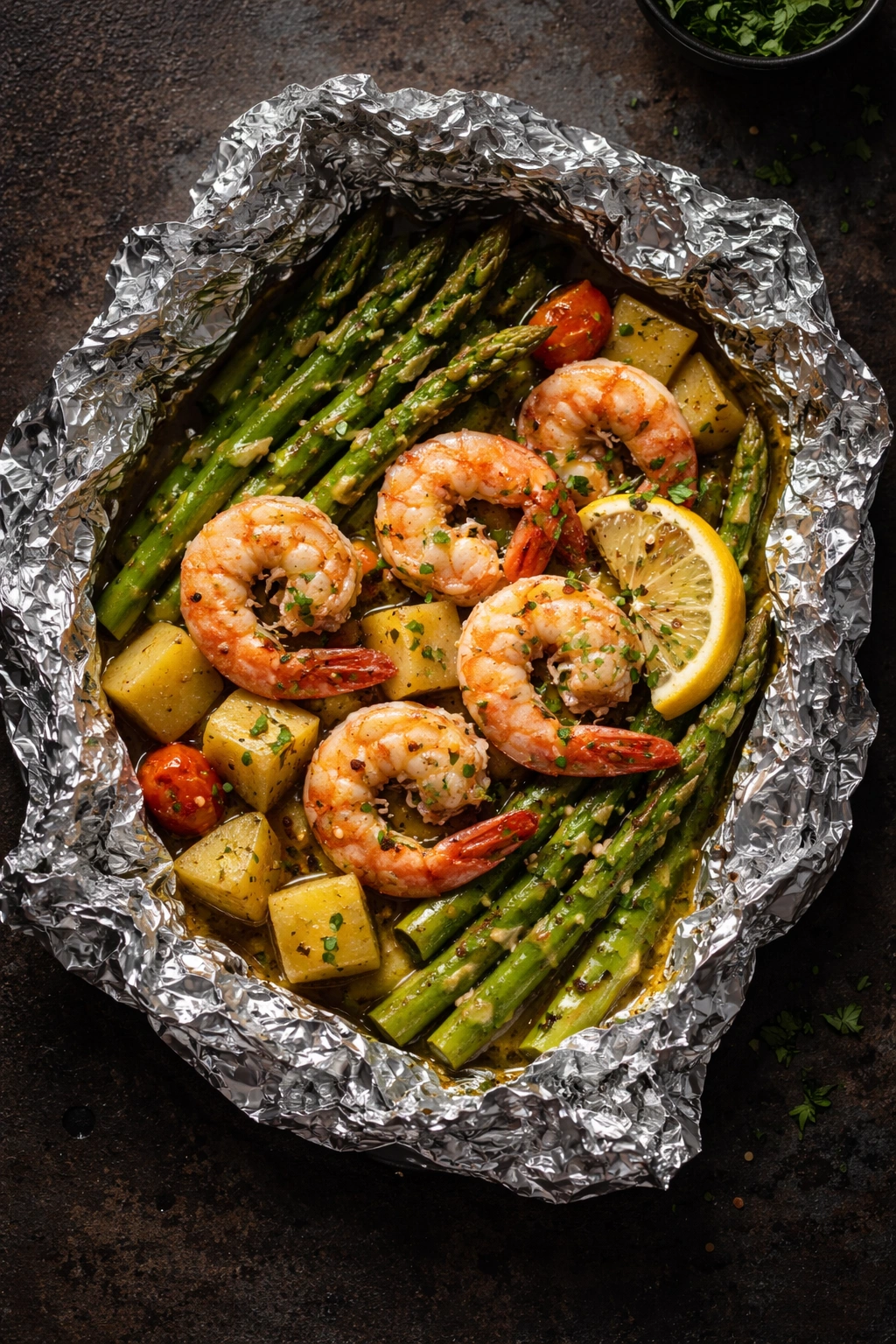 Opened shrimp foil packet showing Mediterranean-style filling with asparagus and potatoes