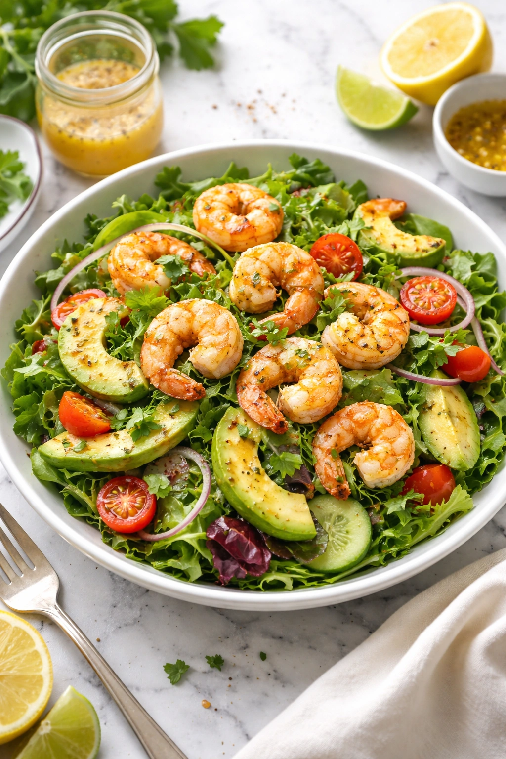 Shrimp and avocado salad with greens and citrus vinaigrette