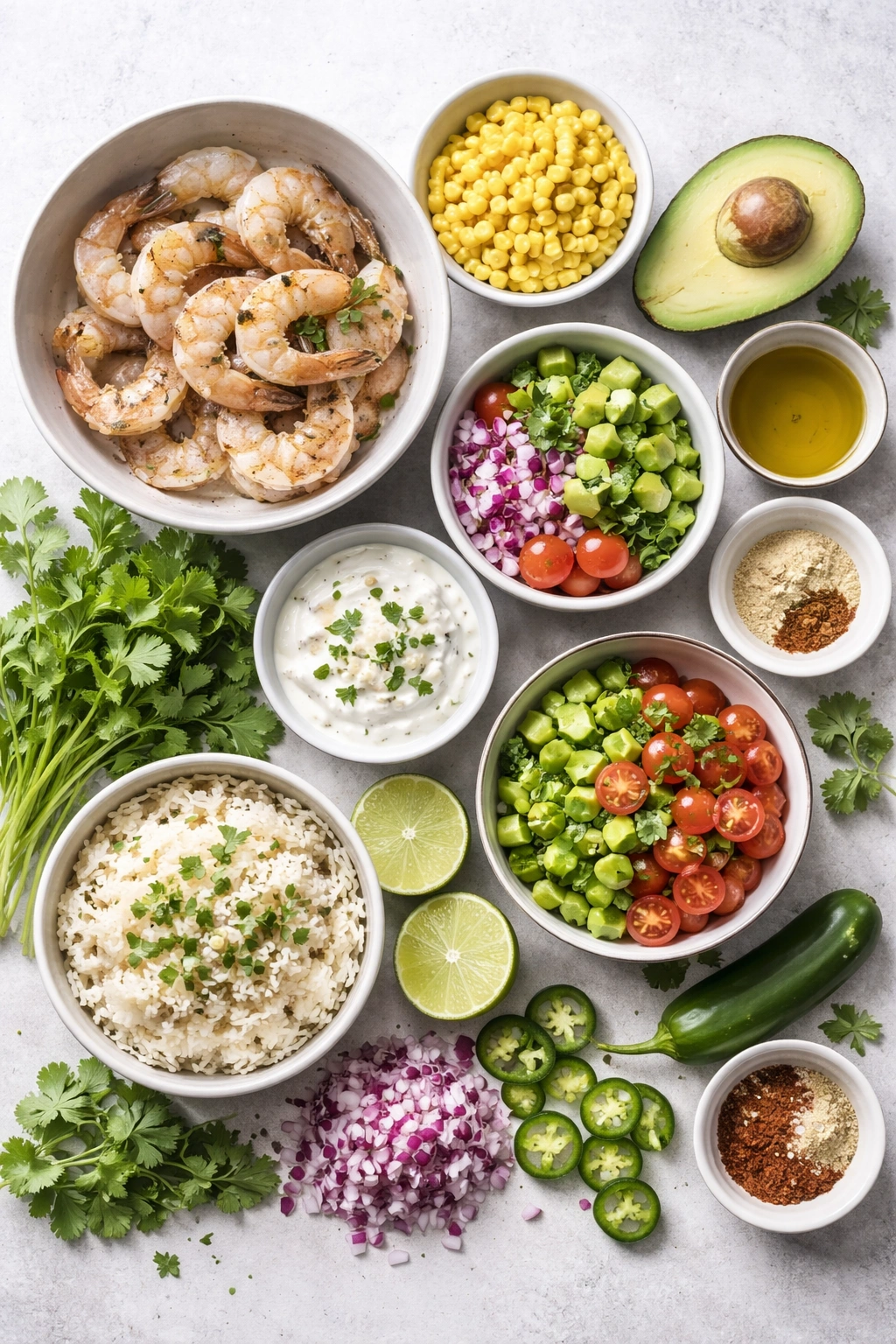 Raw ingredients laid out for grilled shrimp bowl