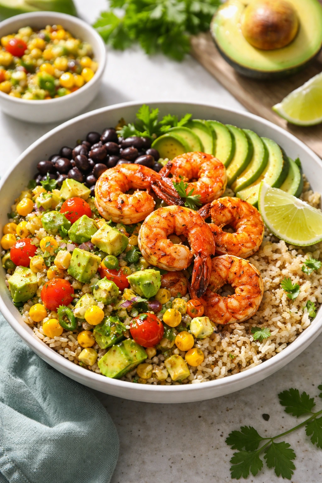 Nutritionally balanced shrimp bowl with lean shrimp, avocado, and corn salsa