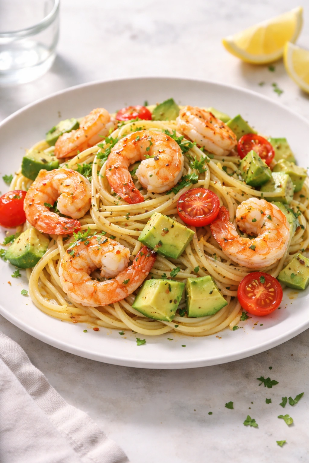 Pasta with shrimp and avocado on plate