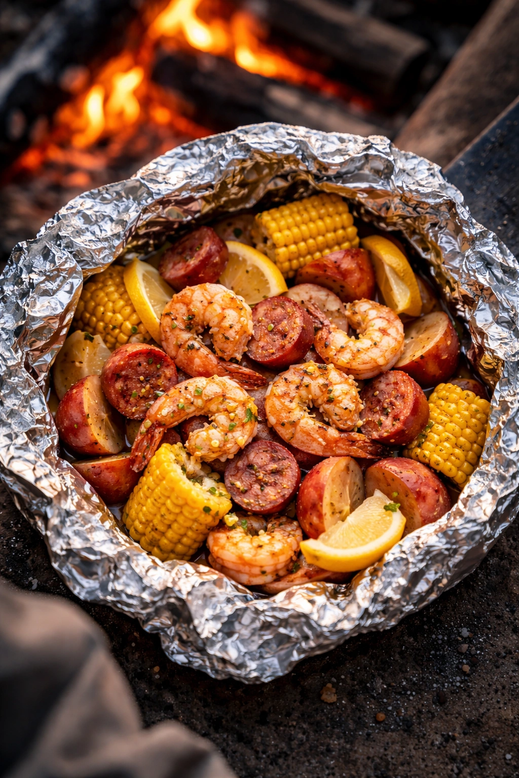Close-up of a foil packet shrimp boil showing shrimp, sausage, potatoes, corn, and lemon