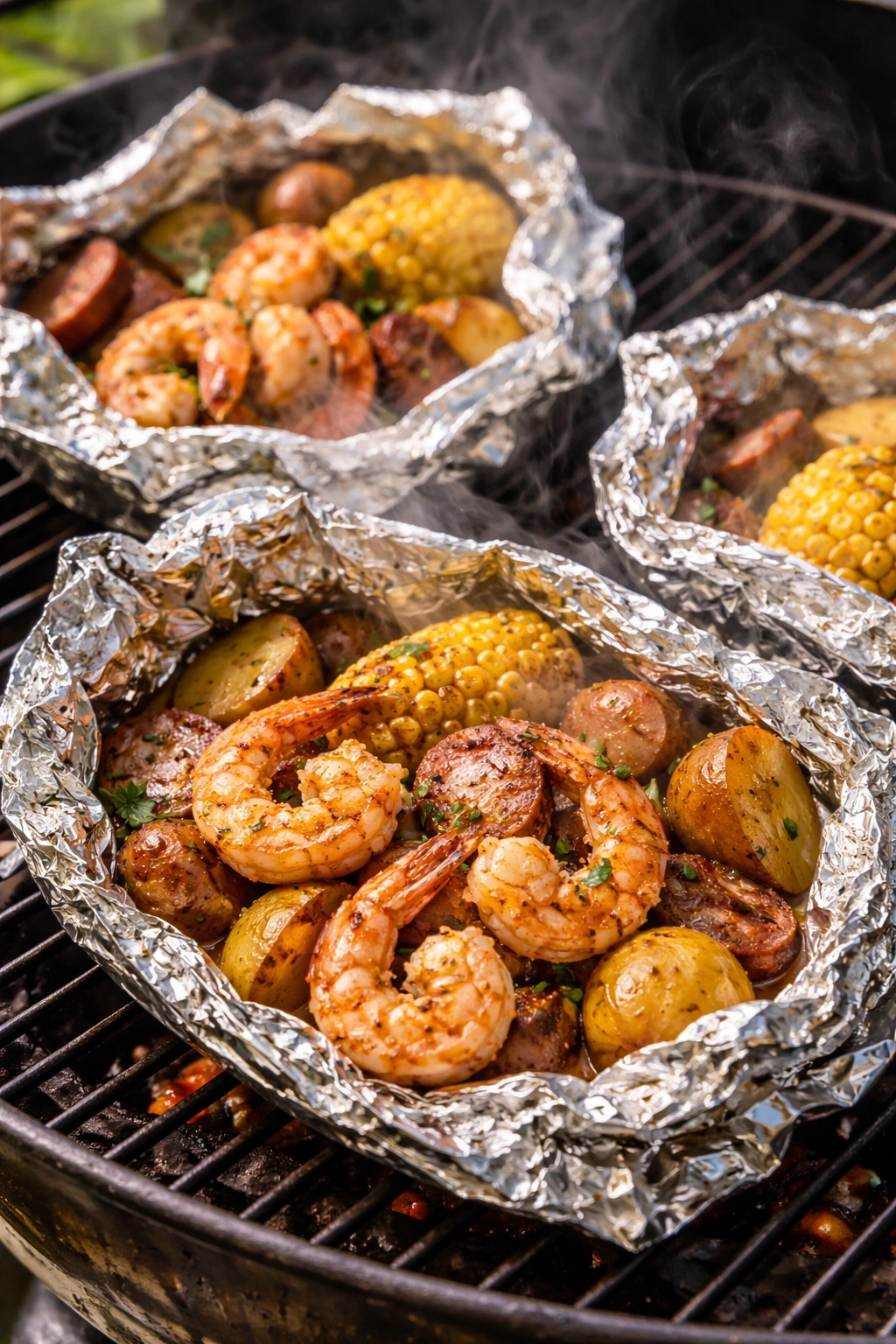 Foil packets with shrimp inside on a grill