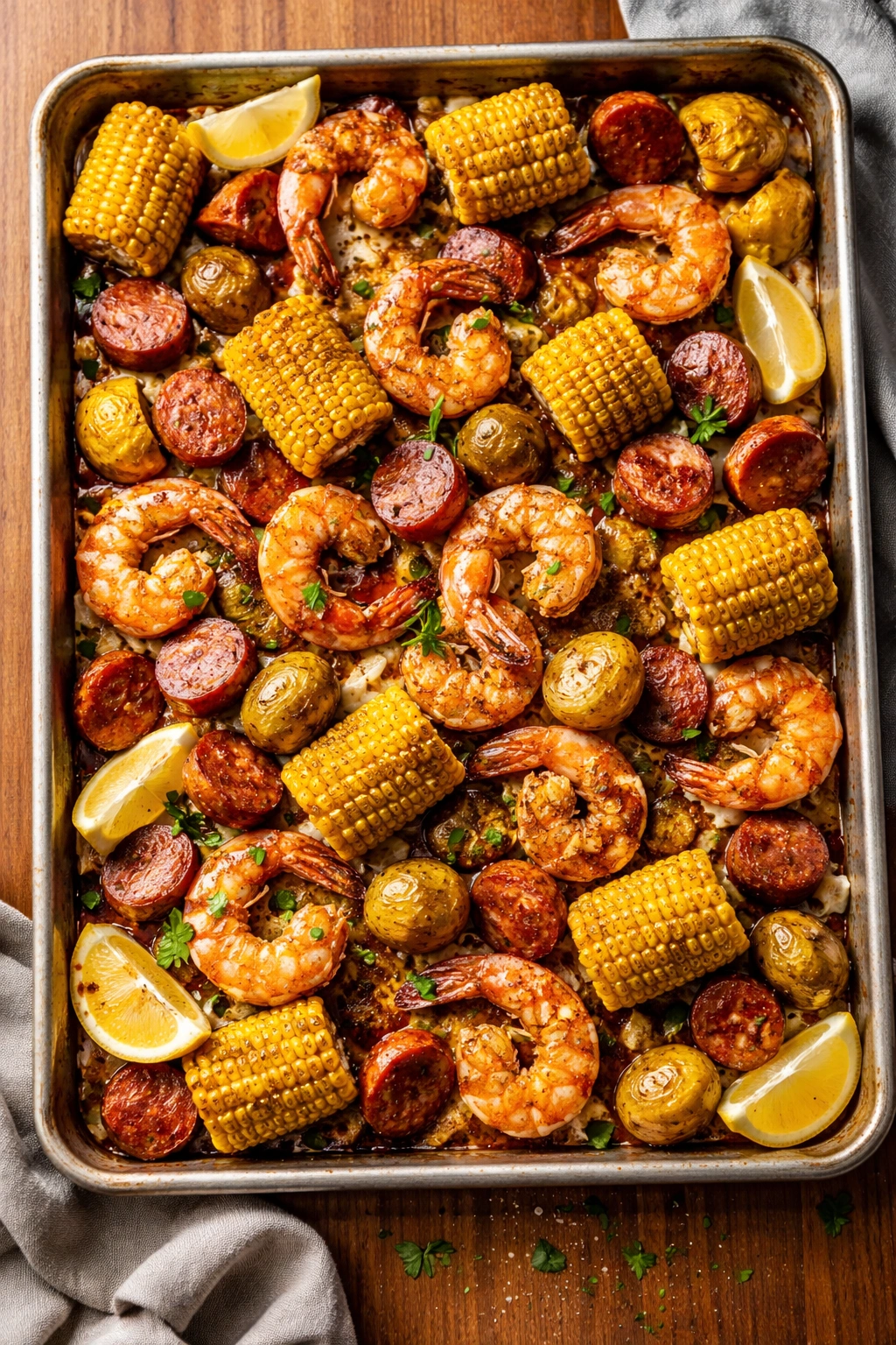 Sheet pan shrimp boil with shrimp corn sausage and potatoes