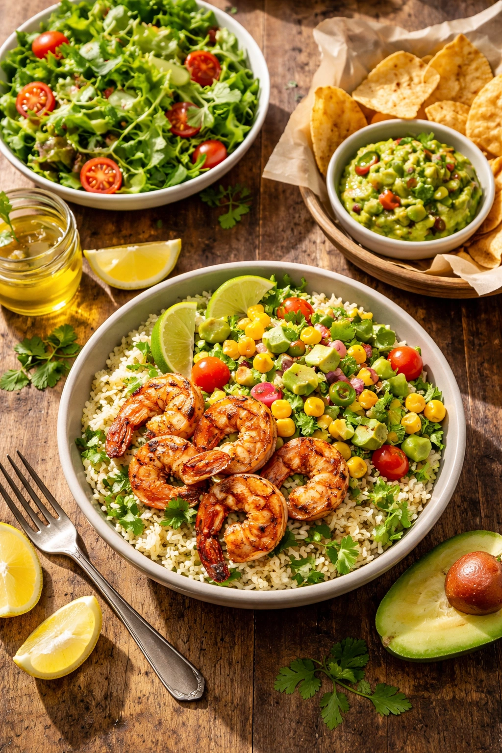 Grilled shrimp bowl with avocado salsa, green salad, and tortilla chips on a wooden table