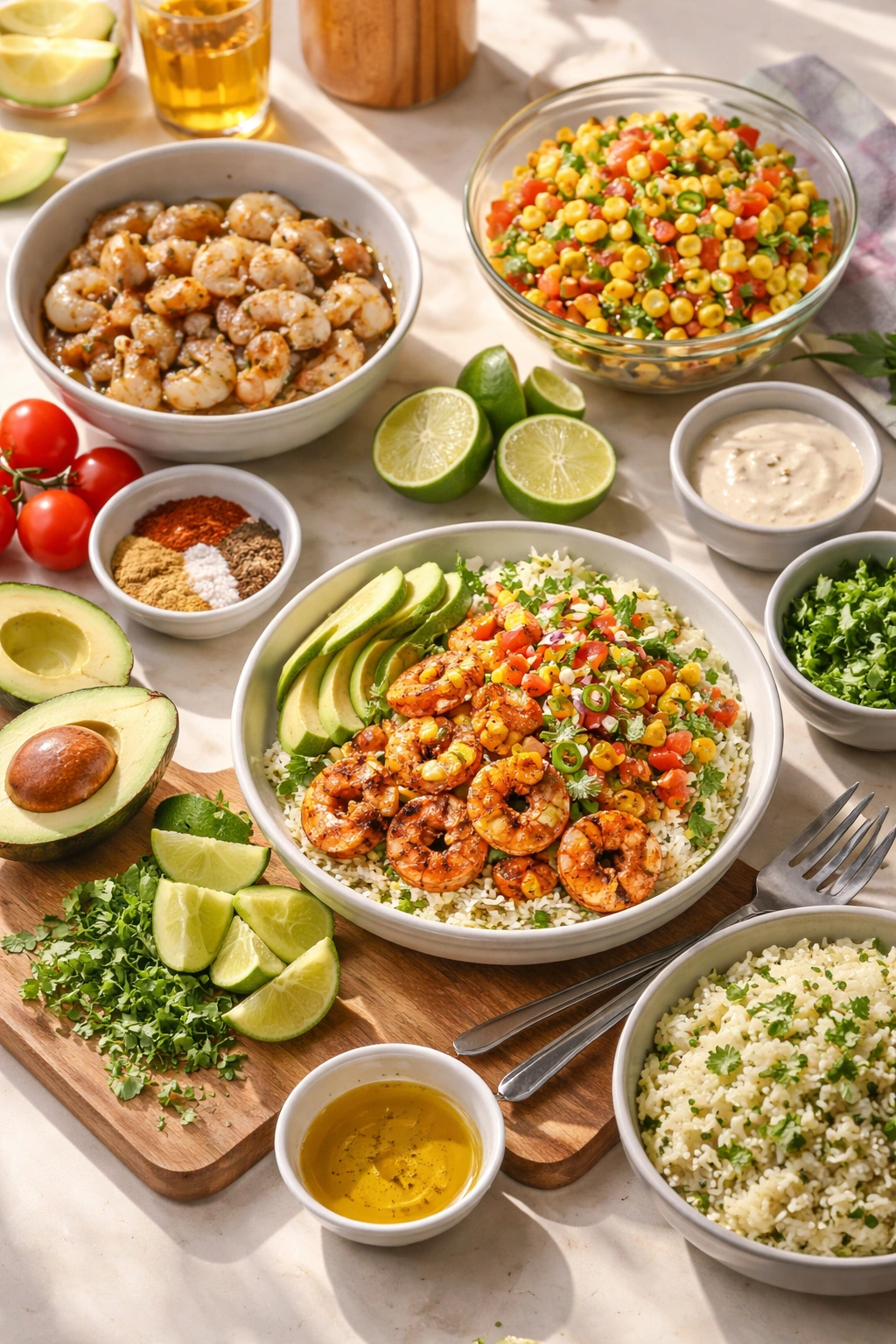 Close-up of a grilled shrimp bowl with avocado and corn salsa arranged on a clean counter