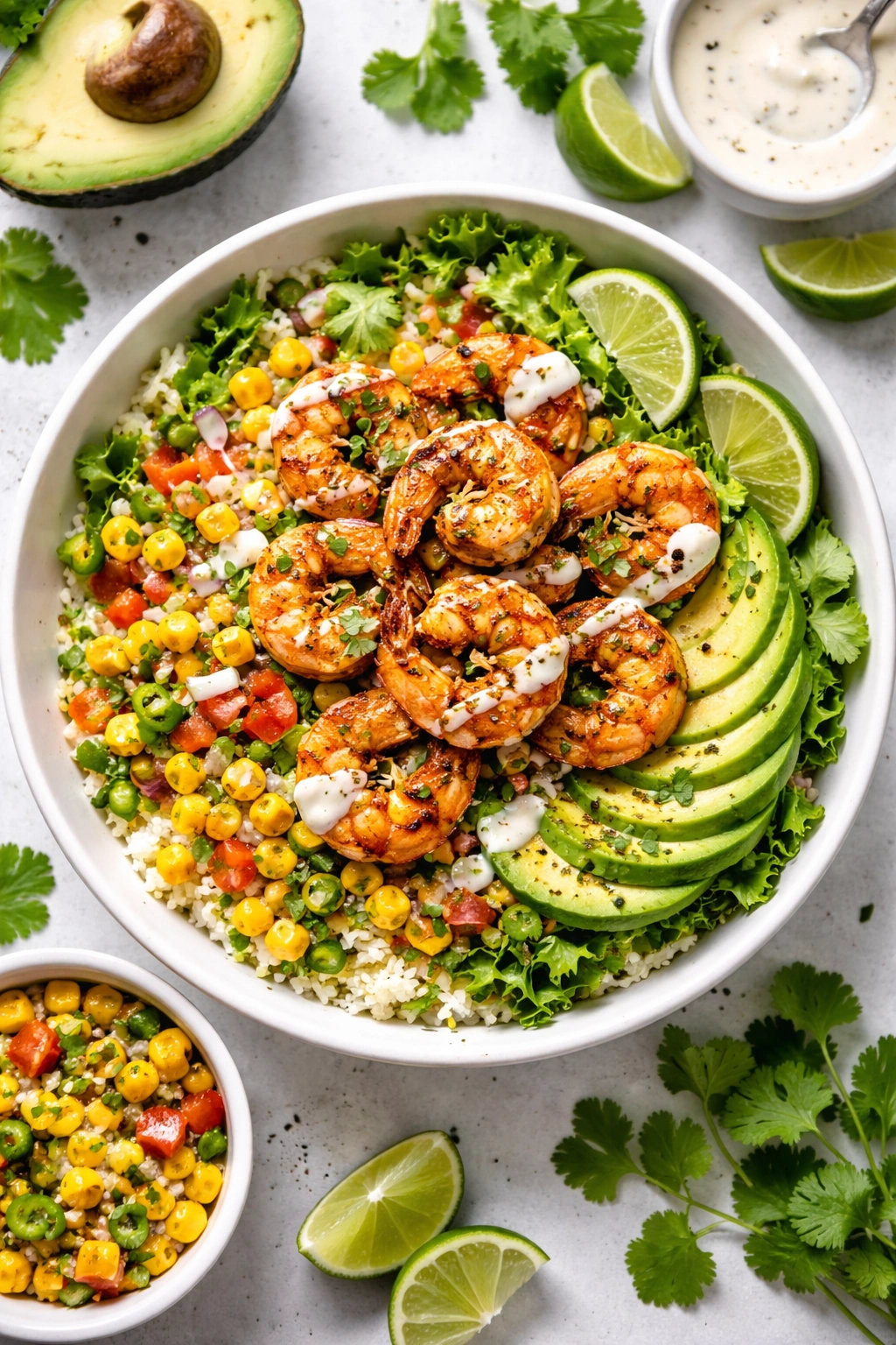 Layered shrimp bowl with greens, corn salsa, shrimp, avocado, and sauce